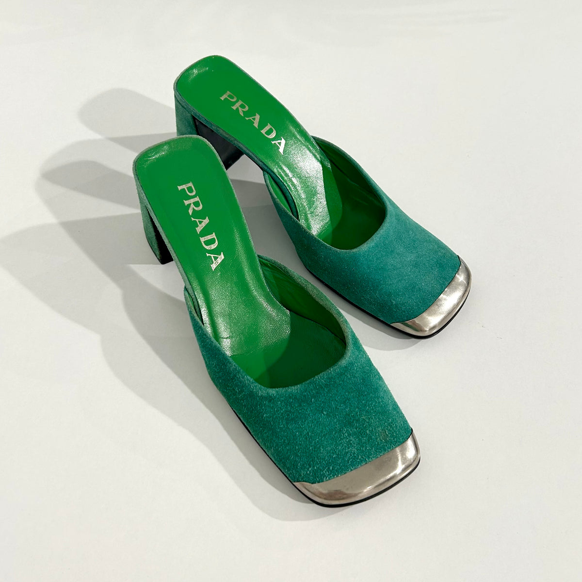 Prada FW99 Green Suede Mules with Silver Toe – Dina C's Fab and