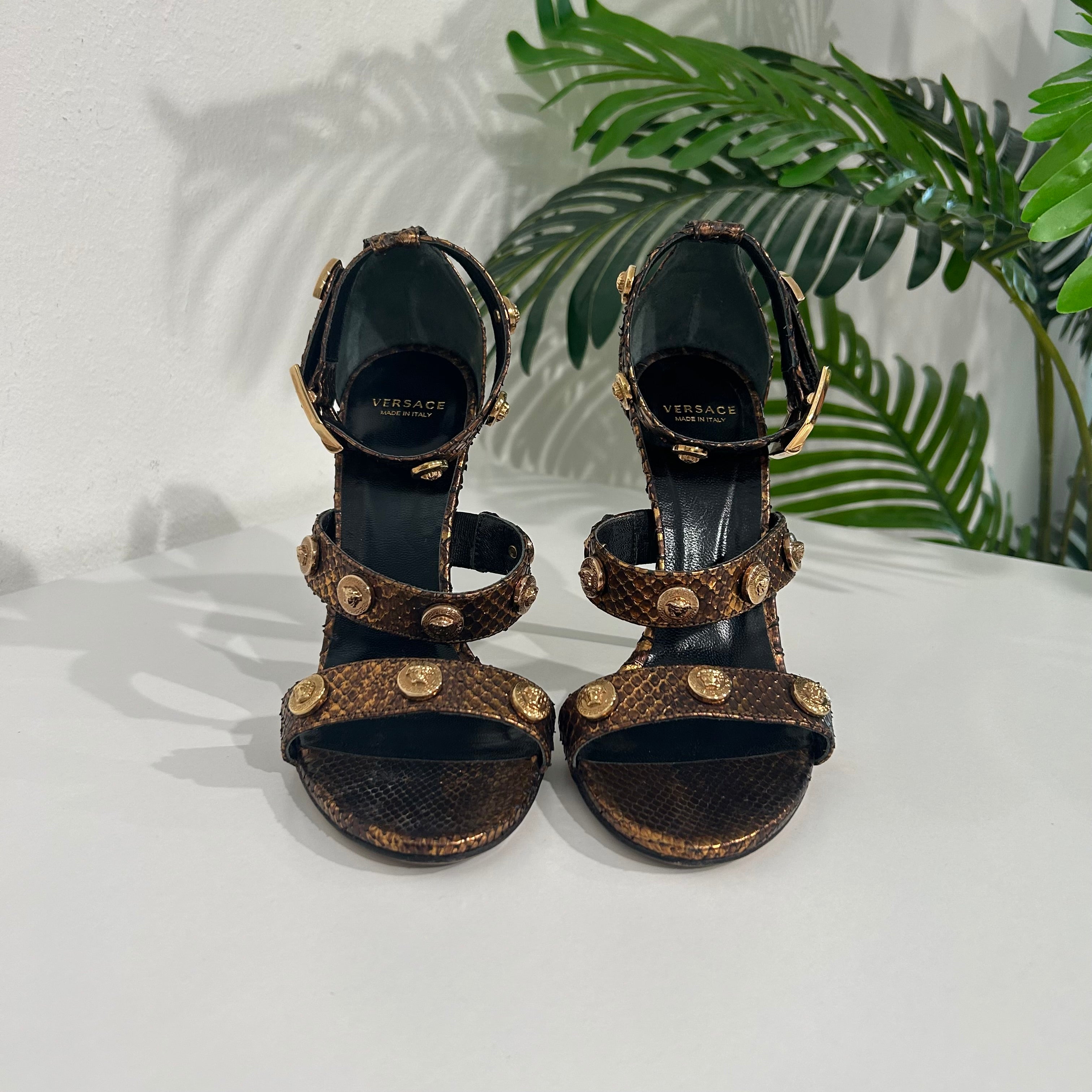 Versace Bronze Snakeskin Heeled Sandals with Meduas