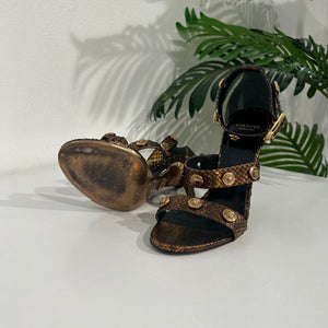 Versace Bronze Snakeskin Heeled Sandals with Meduas