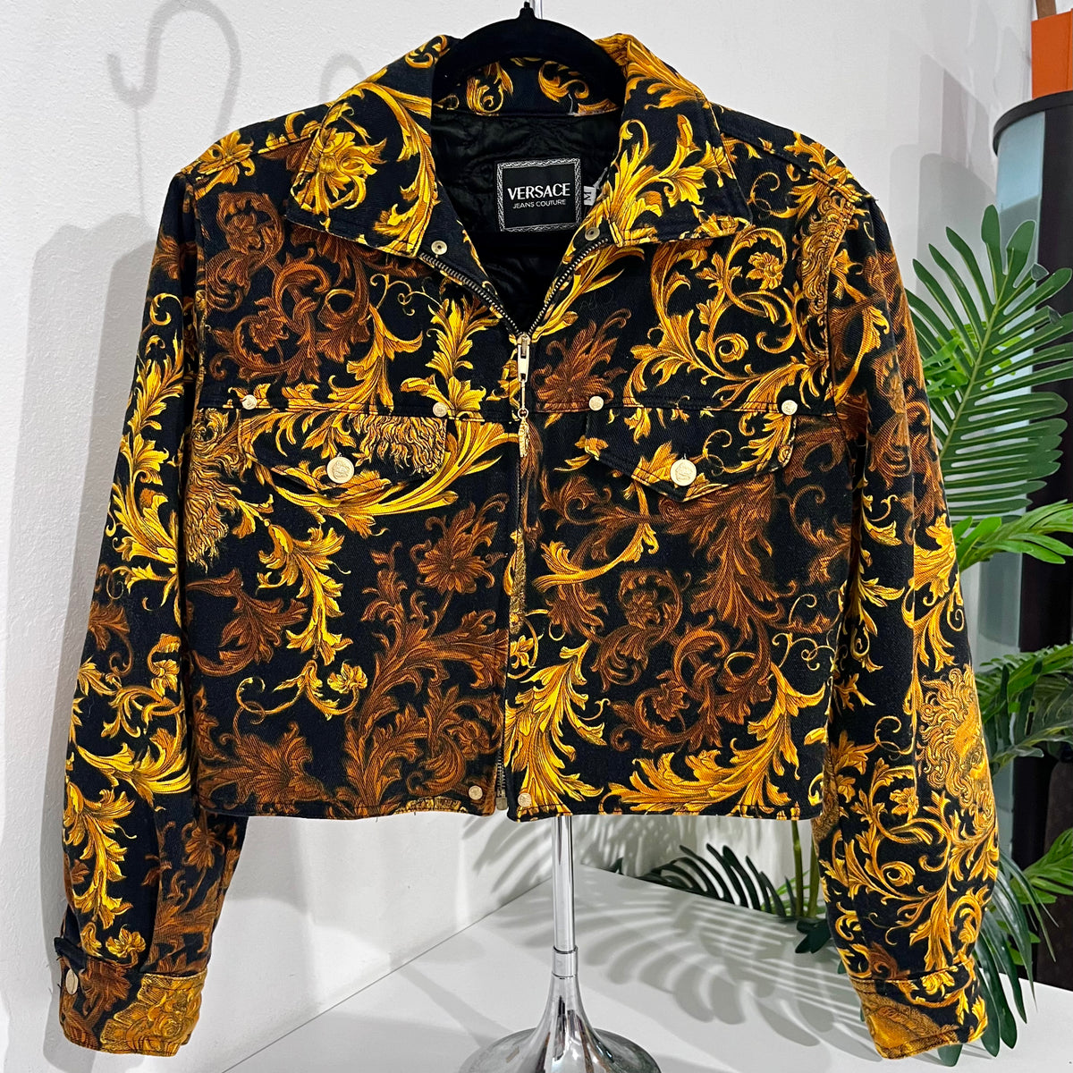 Vintage Versace Jeans Couture Black & Gold Baroque Cropped Denim