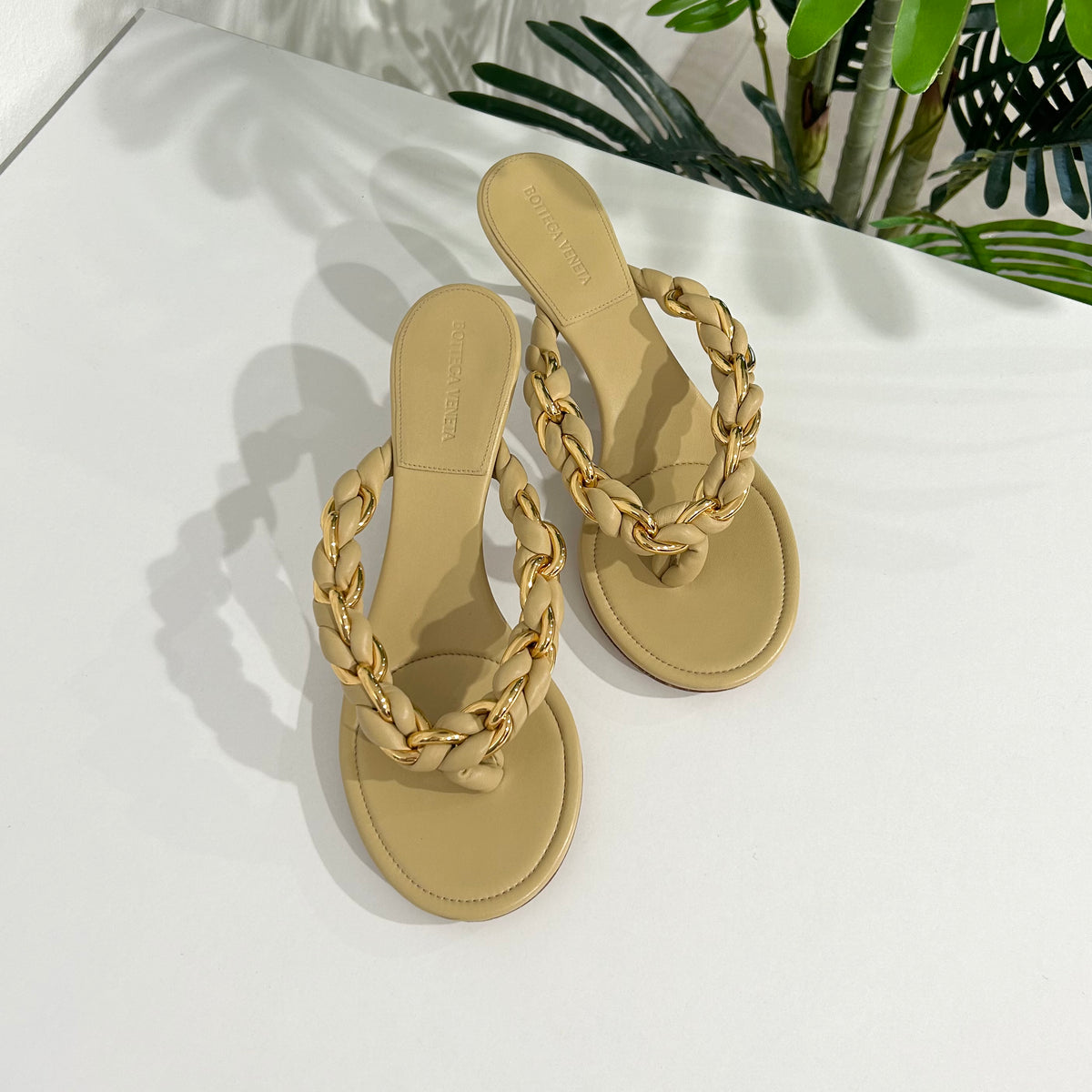 Bottega Beige & Gold Chain Sandals – Dina C's Fab and Funky