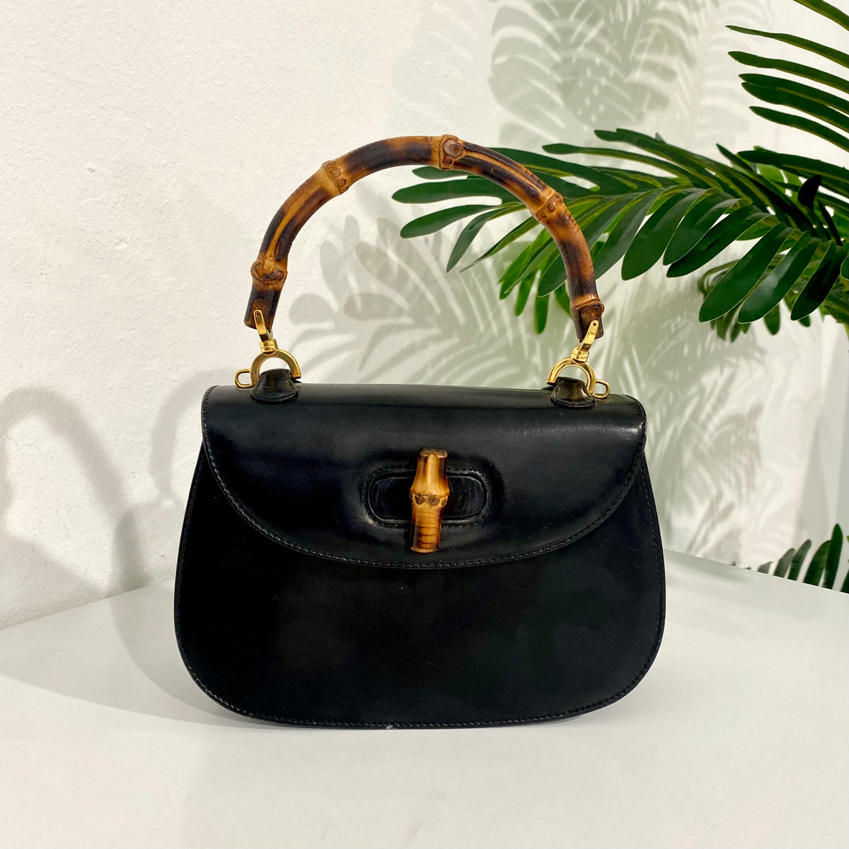 Gucci Black Leather Bamboo Handle Bag - 1950's - GHW