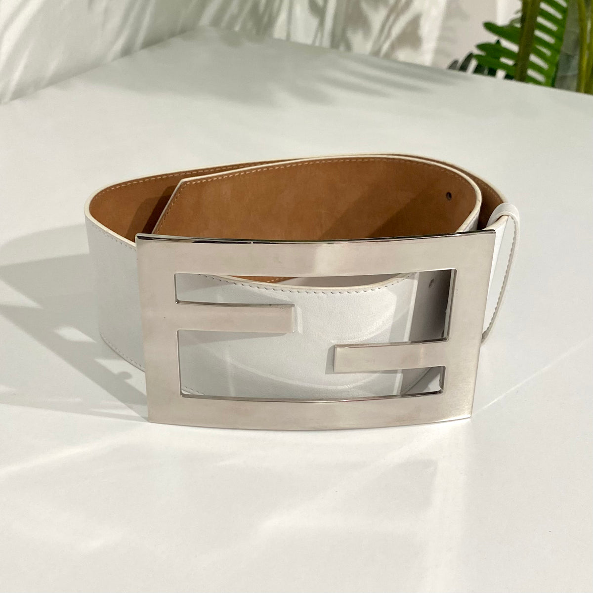Fendi White Belt with Gold Buckle Fendi Karligraphy Accent Skinny Belt - White Belts  main image 4