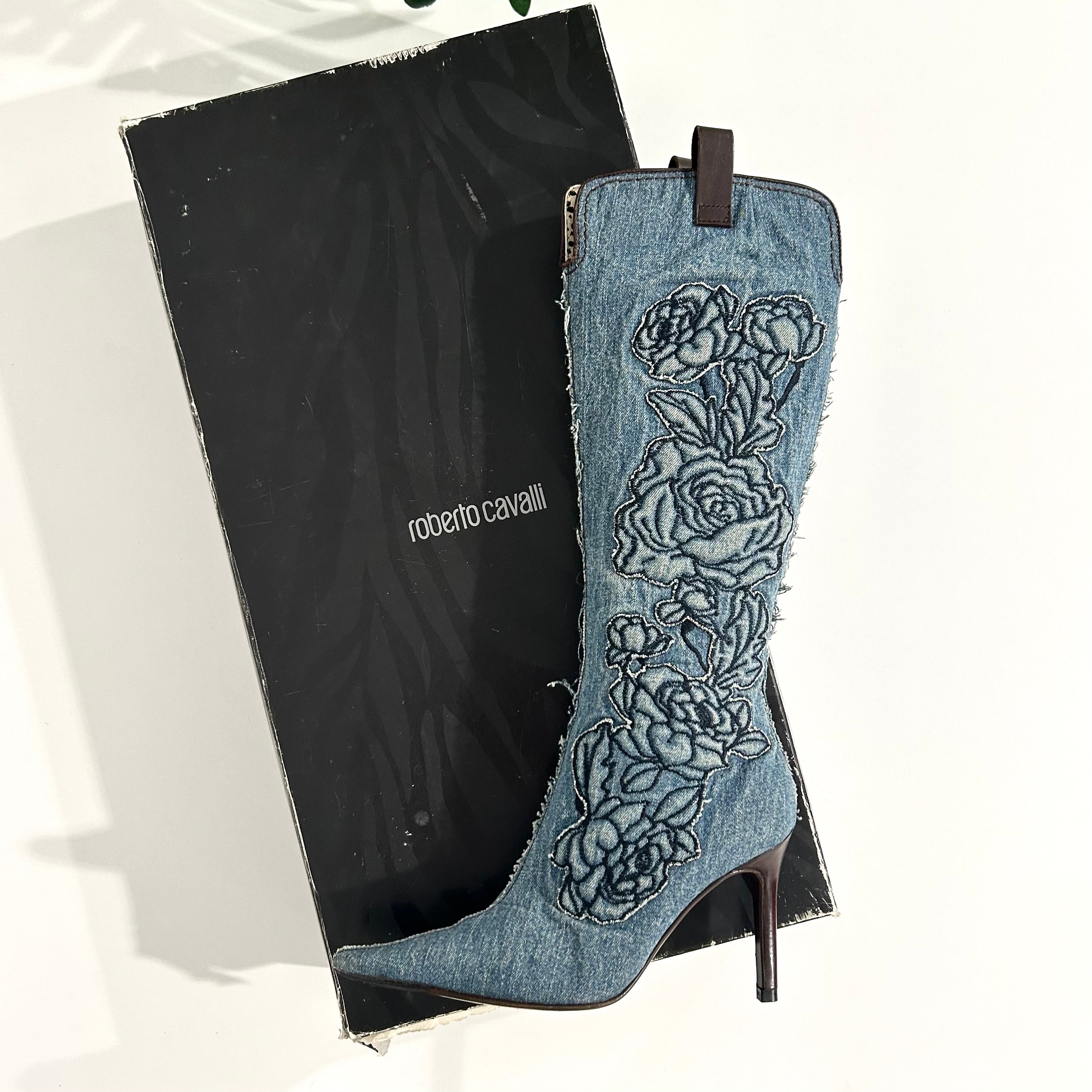 Roberto Cavalli Rose Embroidered Denim Boots