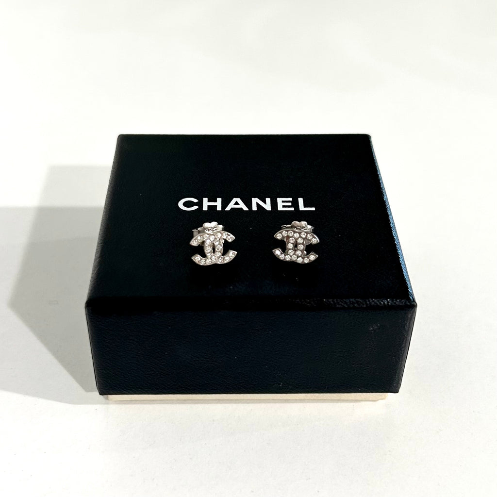 Chanel Crystal Embellished Silver CC Studs