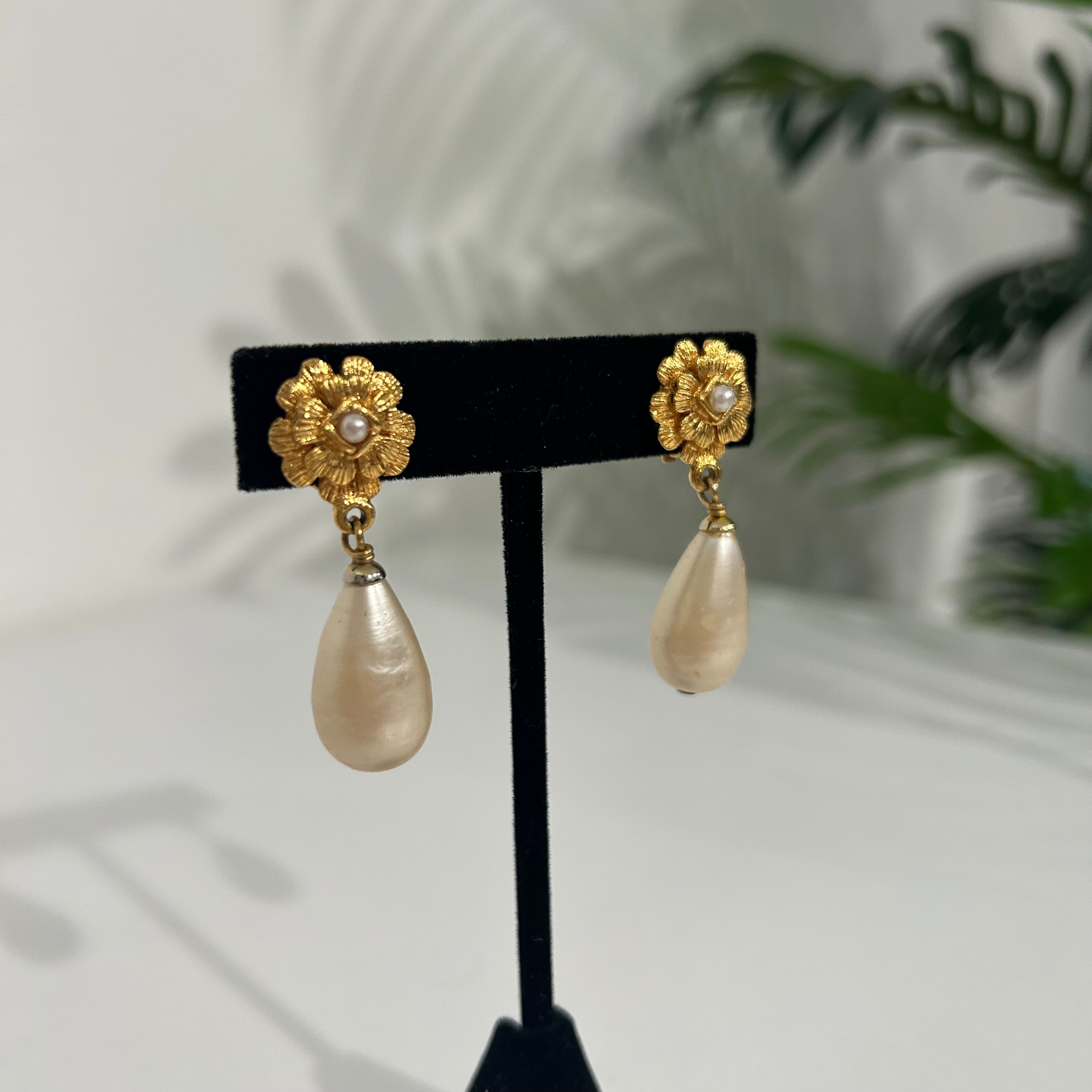 Chanel Pearl Drop Camellia Earrings