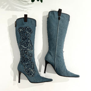 Roberto Cavalli Rose Embroidered Denim Boots