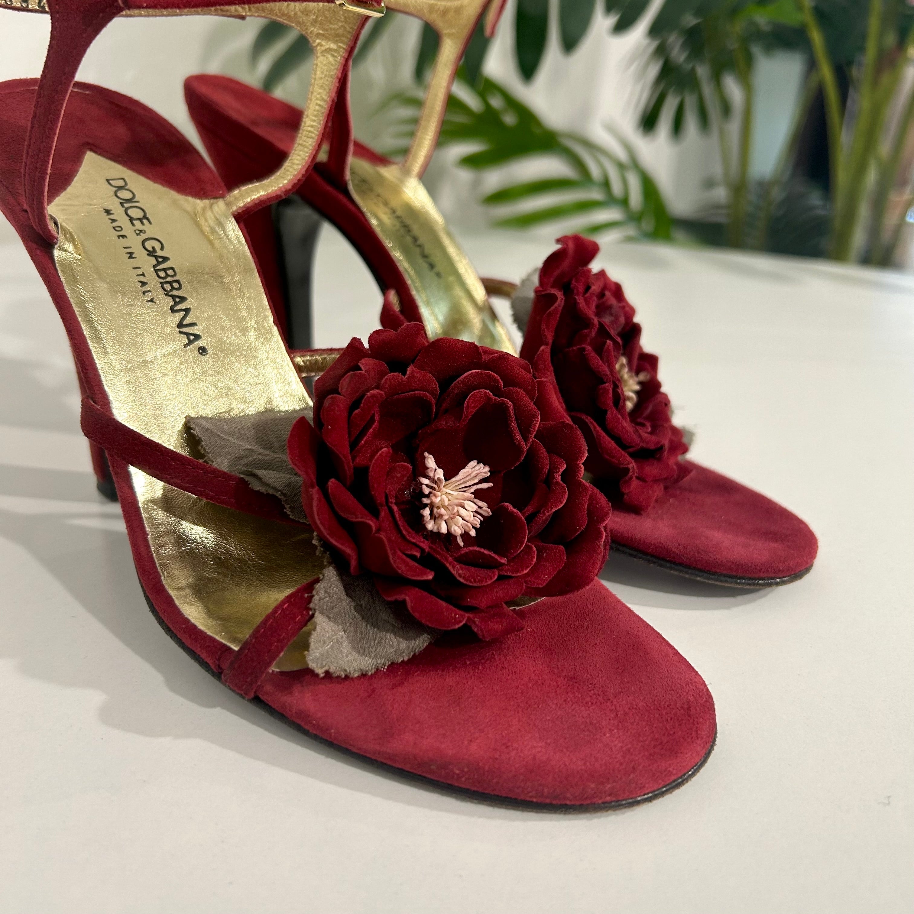 Dolce & Gabbana Red Suede Flower Heels