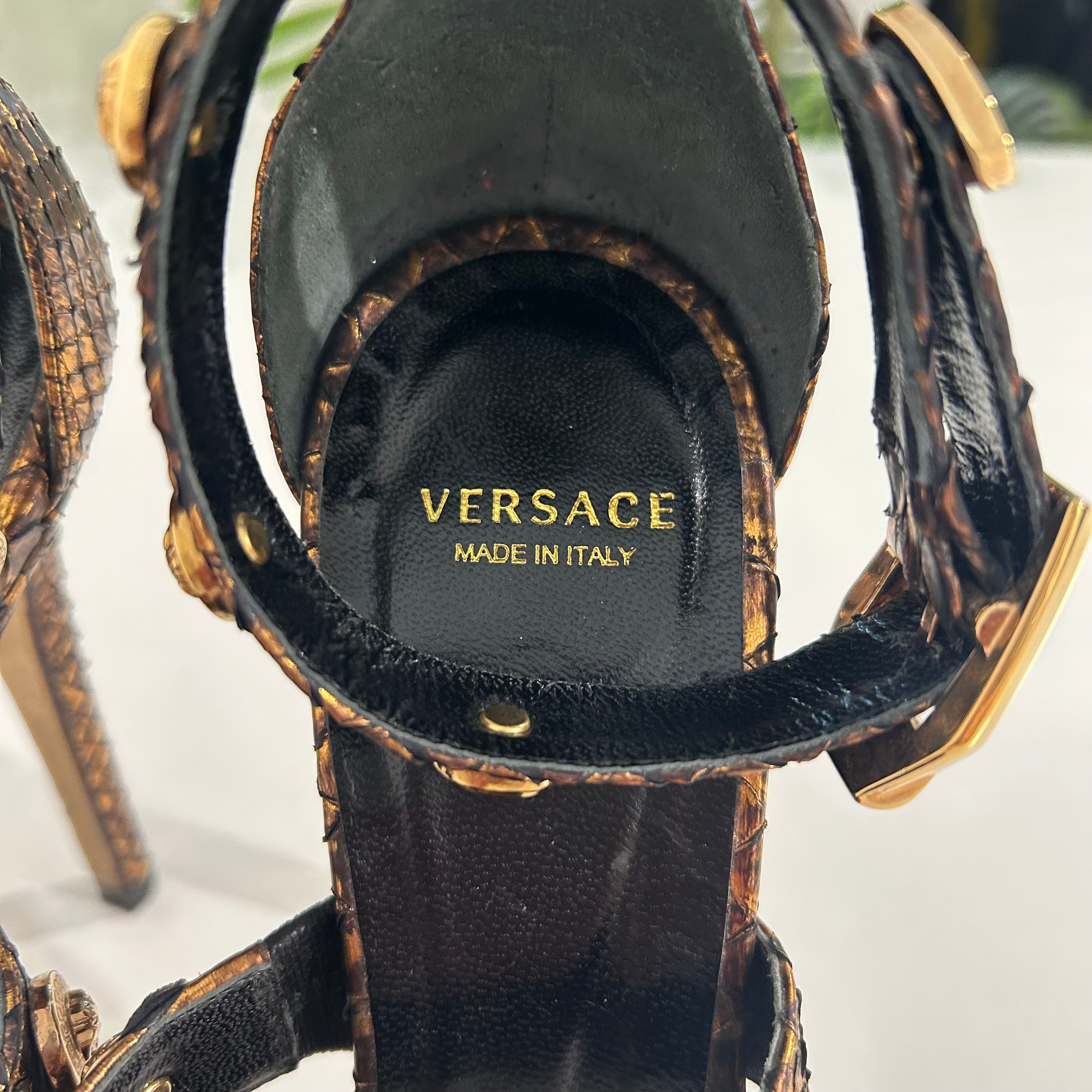 Versace Bronze Snakeskin Heeled Sandals with Meduas