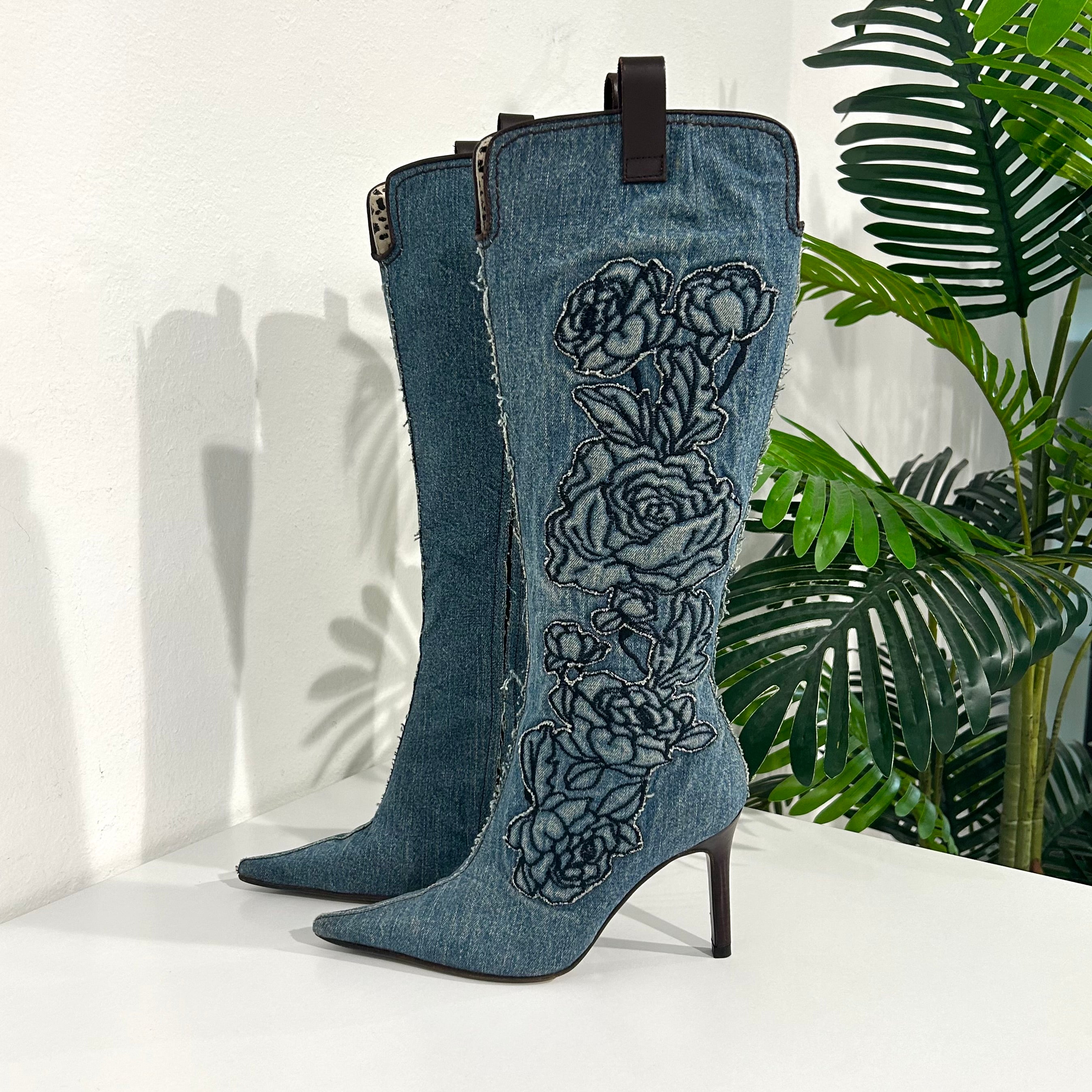 Roberto Cavalli Rose Embroidered Denim Boots