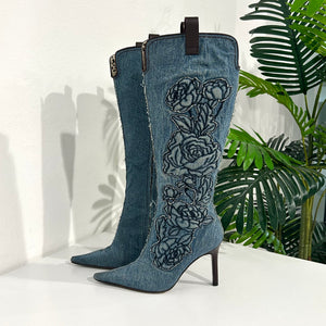 Roberto Cavalli Rose Embroidered Denim Boots