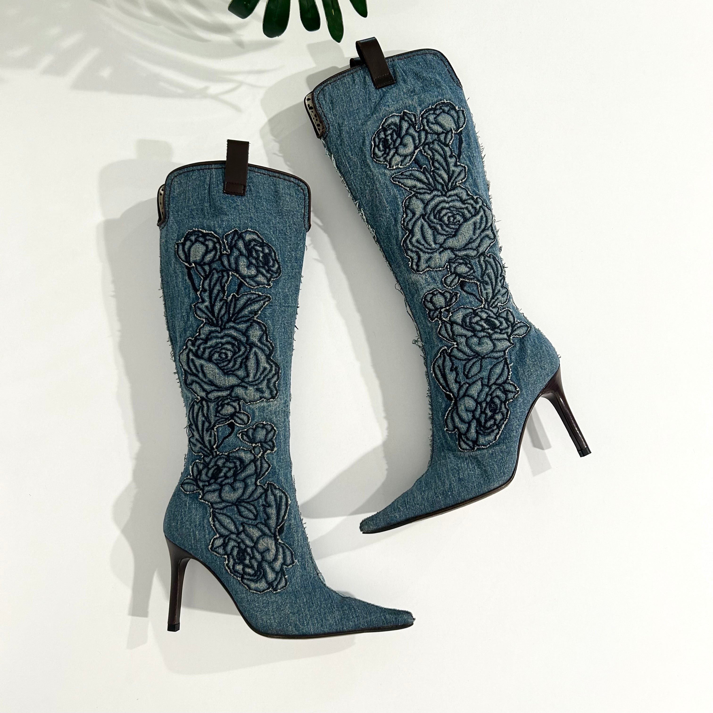 Roberto Cavalli Rose Embroidered Denim Boots