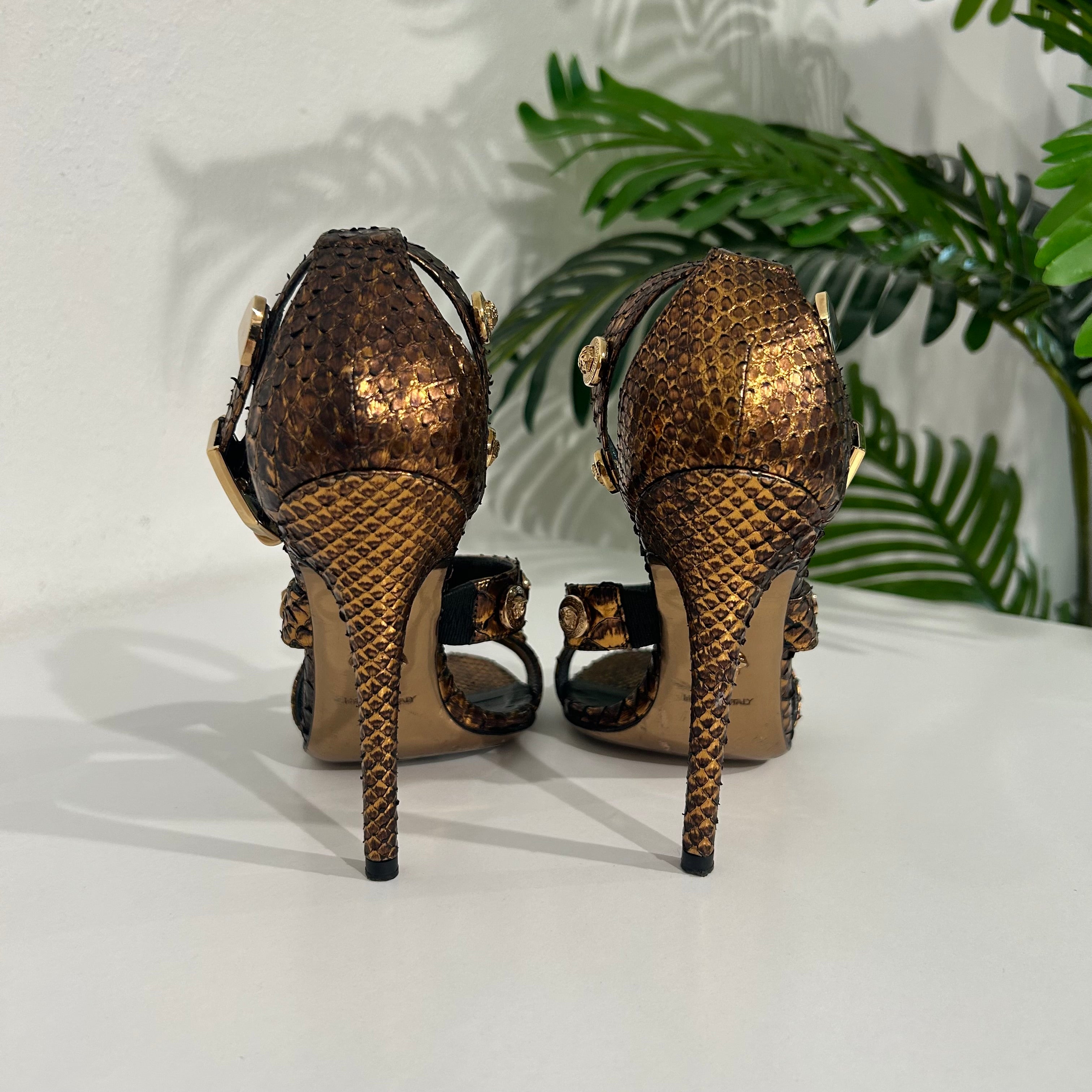 Versace Bronze Snakeskin Heeled Sandals with Meduas