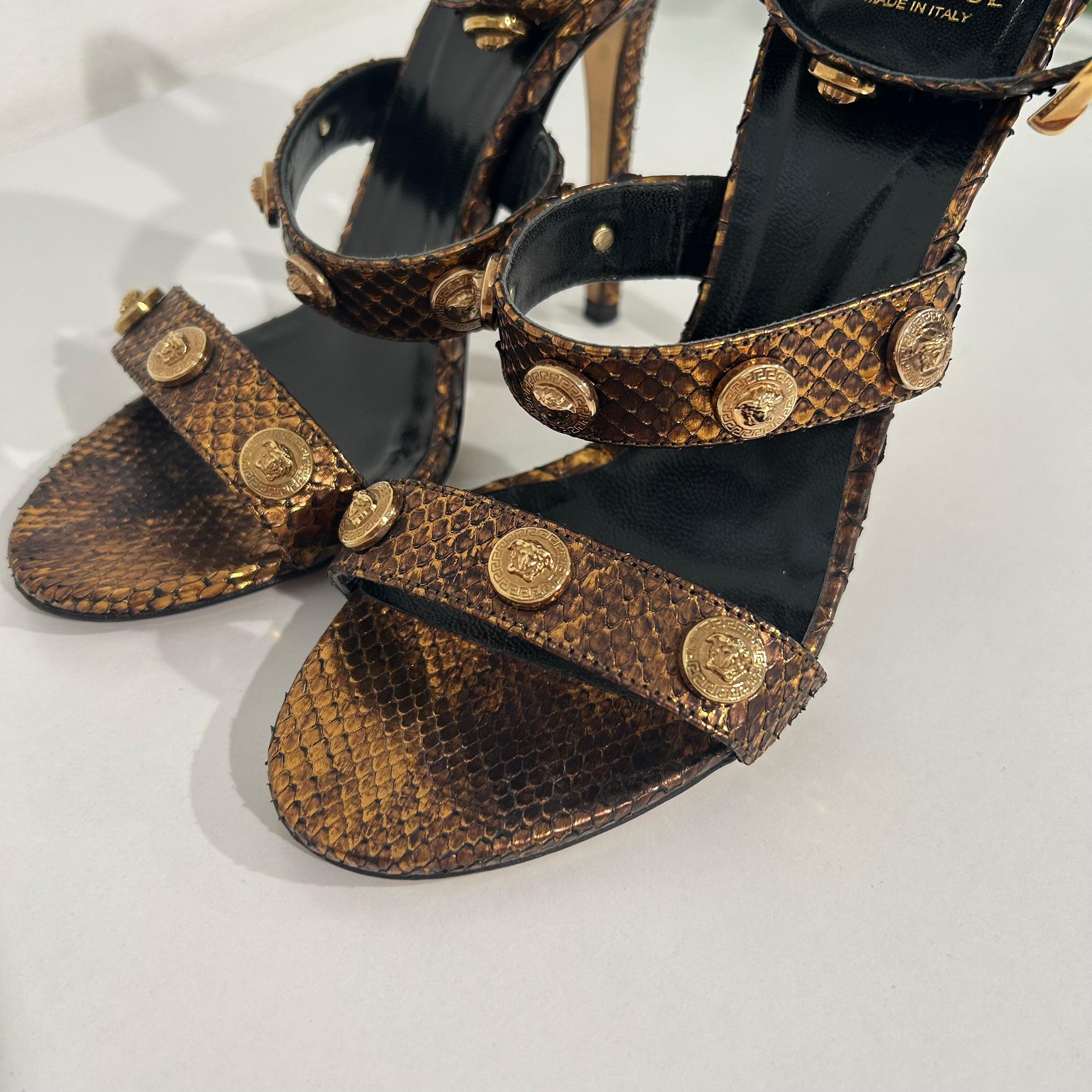 Versace Bronze Snakeskin Heeled Sandals with Meduas