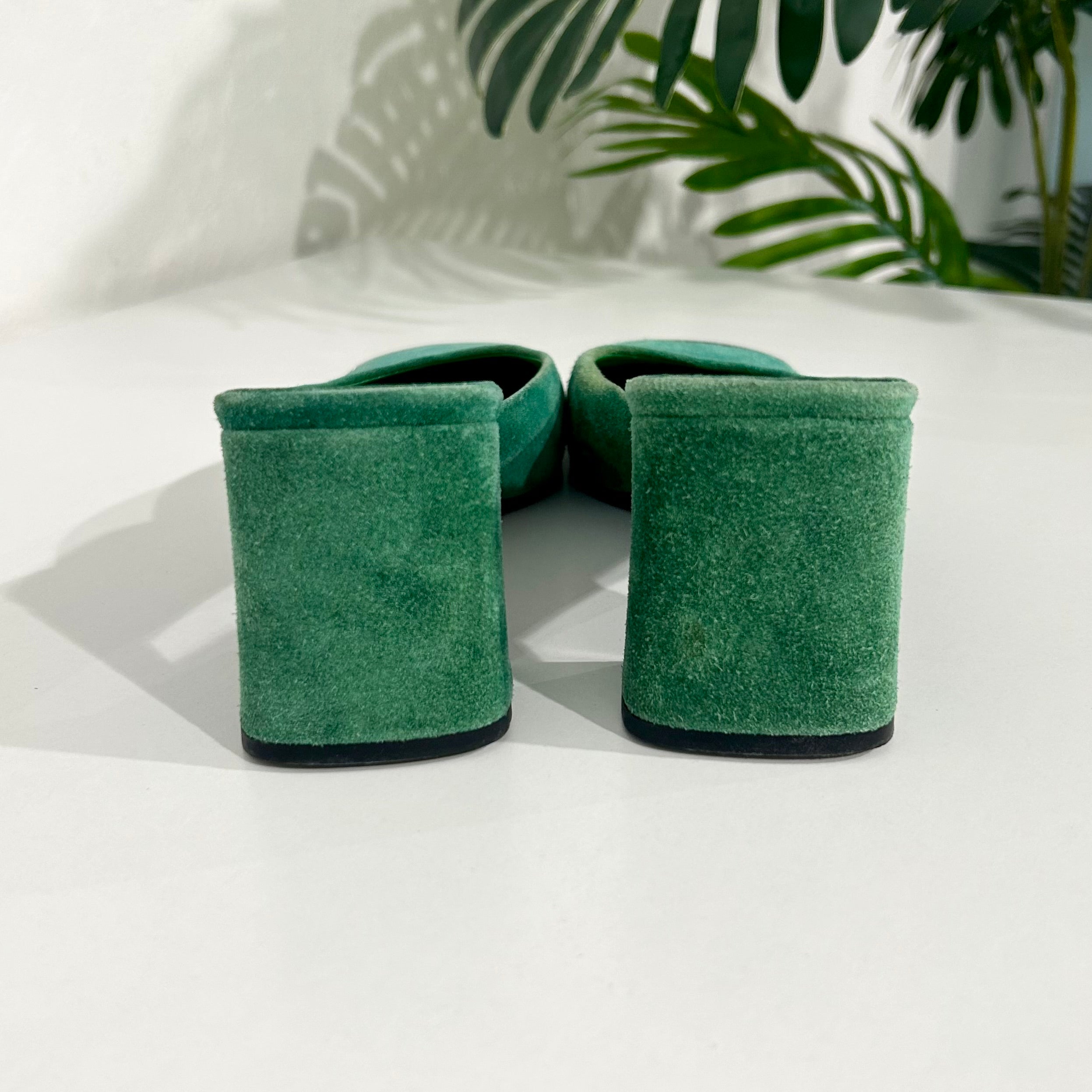 Prada FW99 Green Suede Mules with Silver Toe