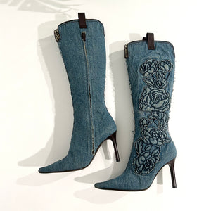 Roberto Cavalli Rose Embroidered Denim Boots