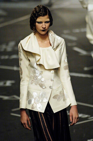 John Galliano Cream Wool Classic Jacket with Floral Embroidered Appliqués