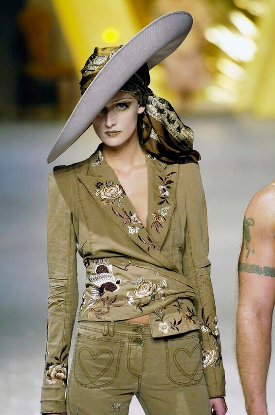 John Galliano Brown & Cream Floral Embroidered Cotton Wrap Jacket