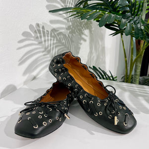 Chloe Grommet Black Leather Ballet Flats