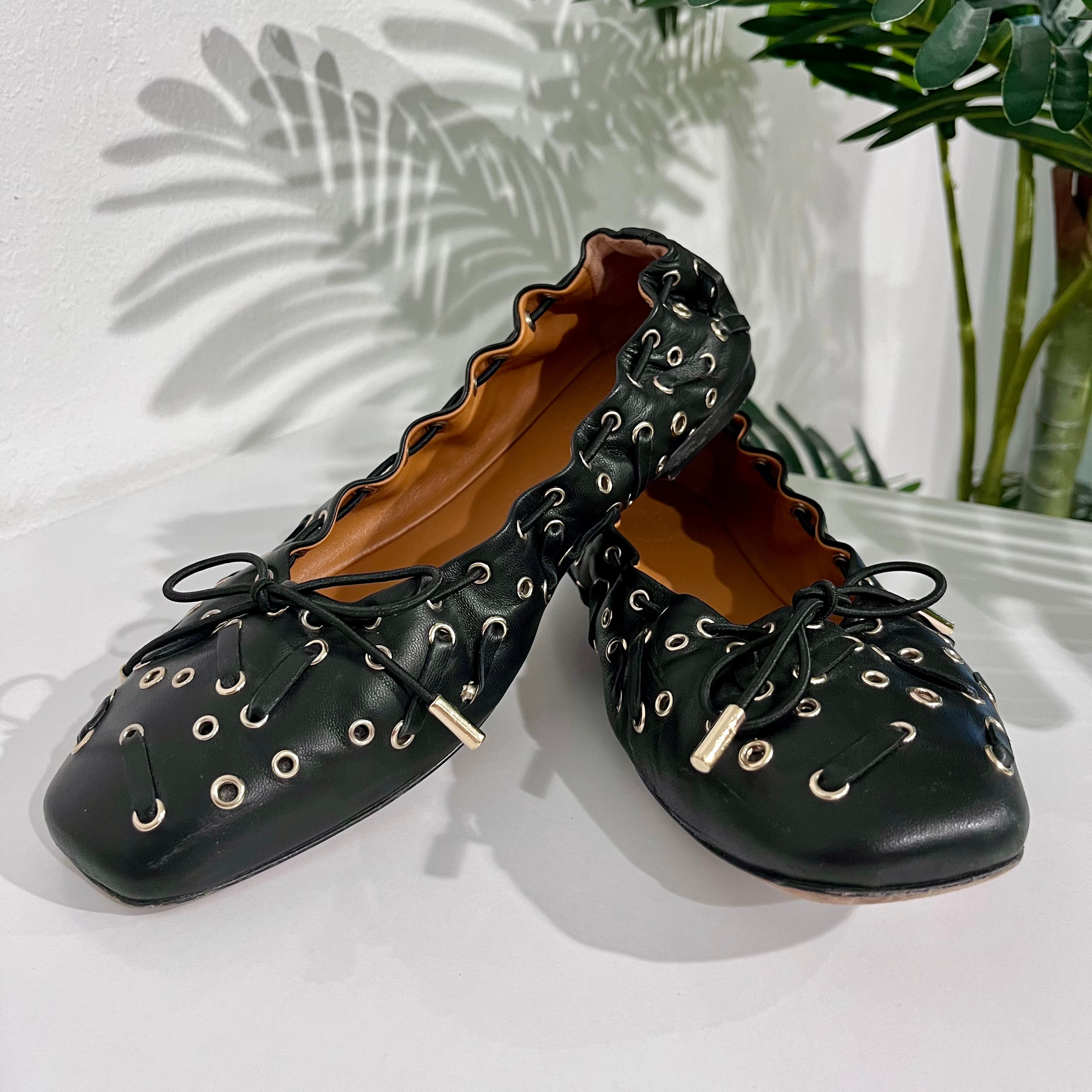 Chloe Grommet Black Leather Ballet Flats