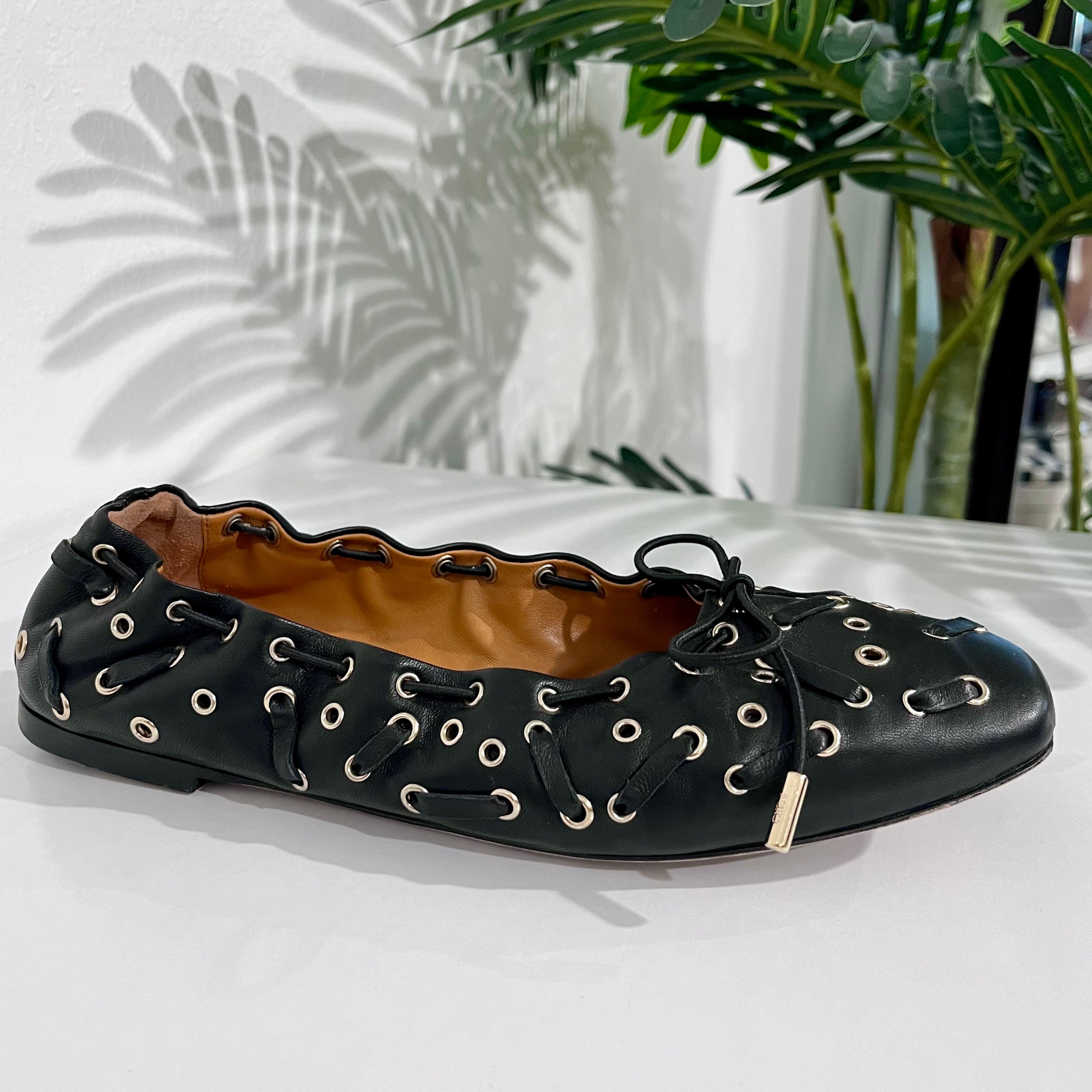 Chloe Grommet Black Leather Ballet Flats