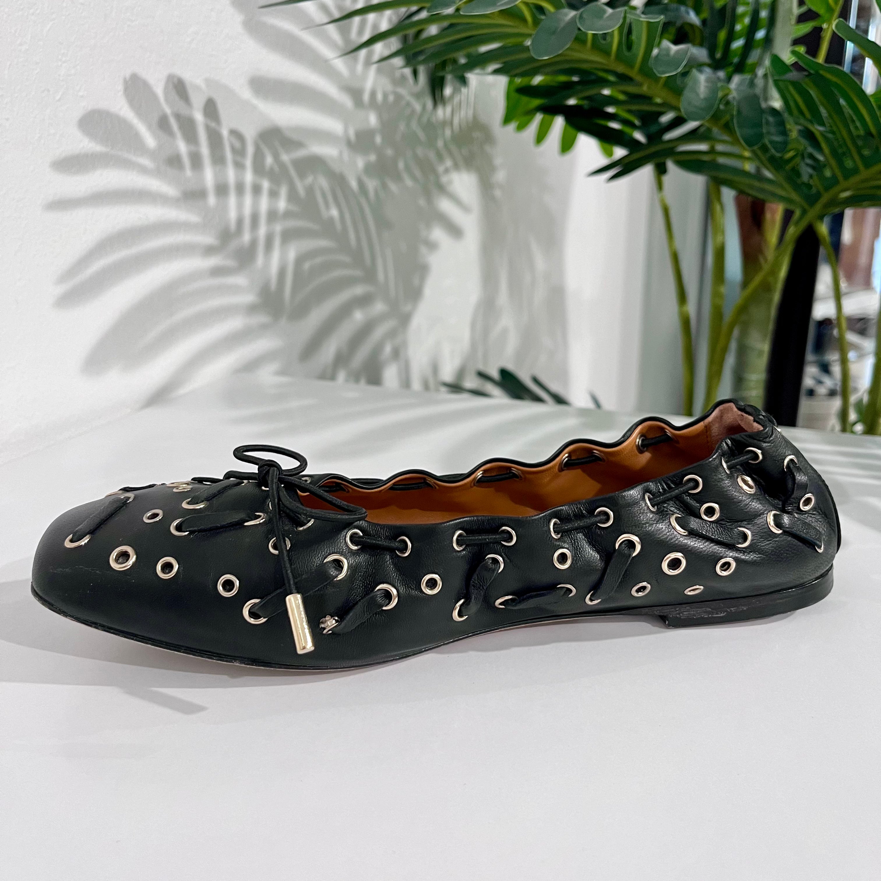 Chloe Grommet Black Leather Ballet Flats
