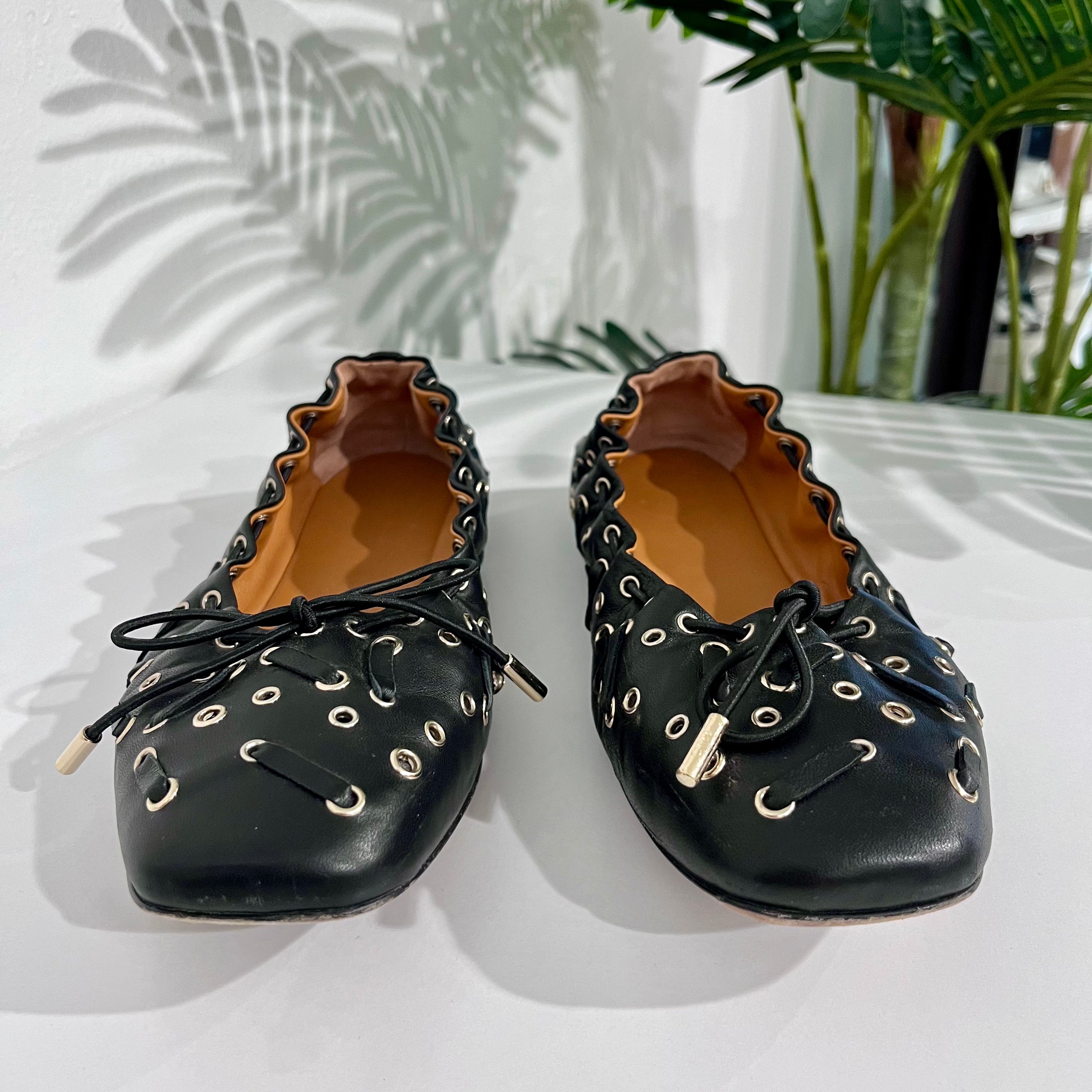 Chloe Grommet Black Leather Ballet Flats