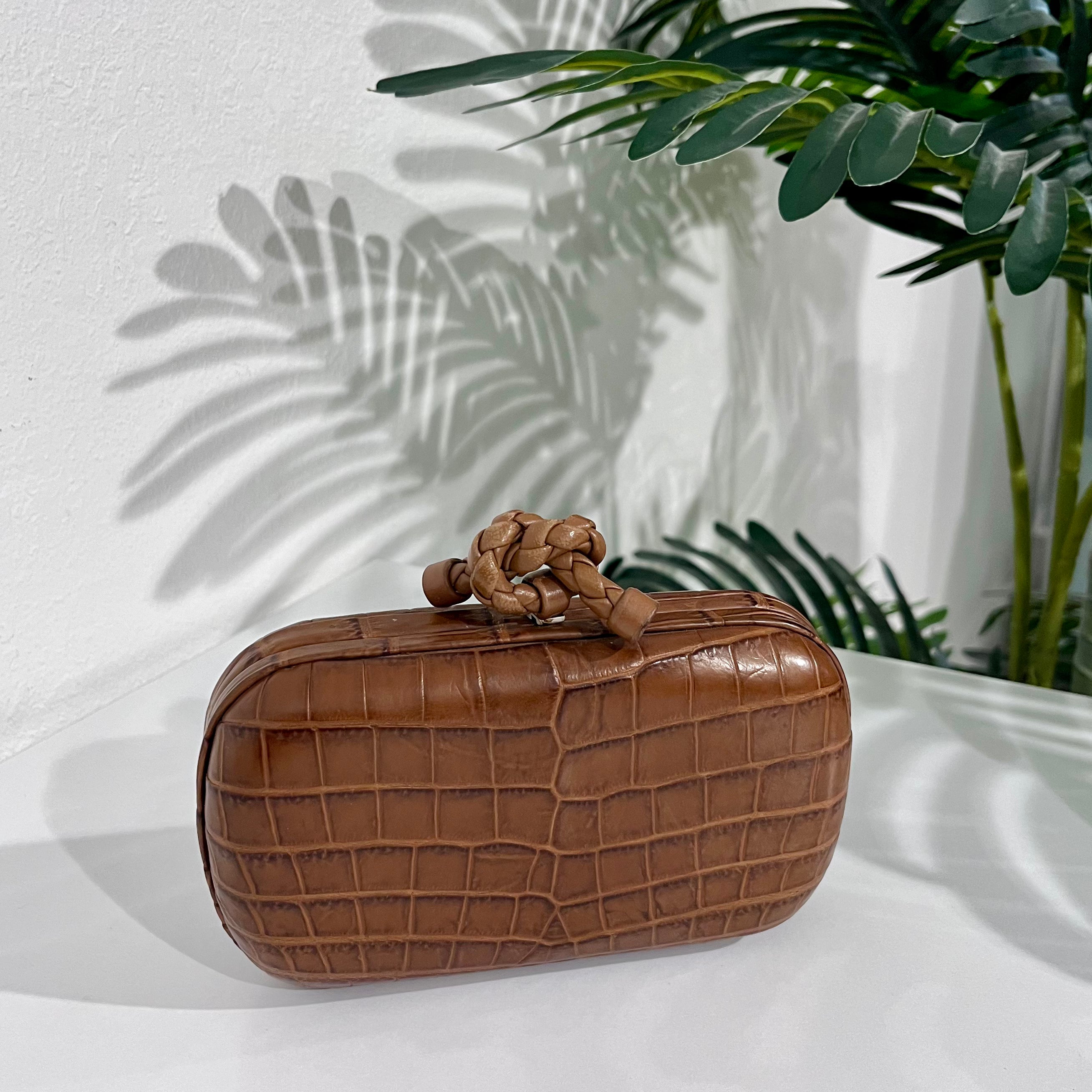 Bottega Veneta Brown Crocodile Knot Clutch