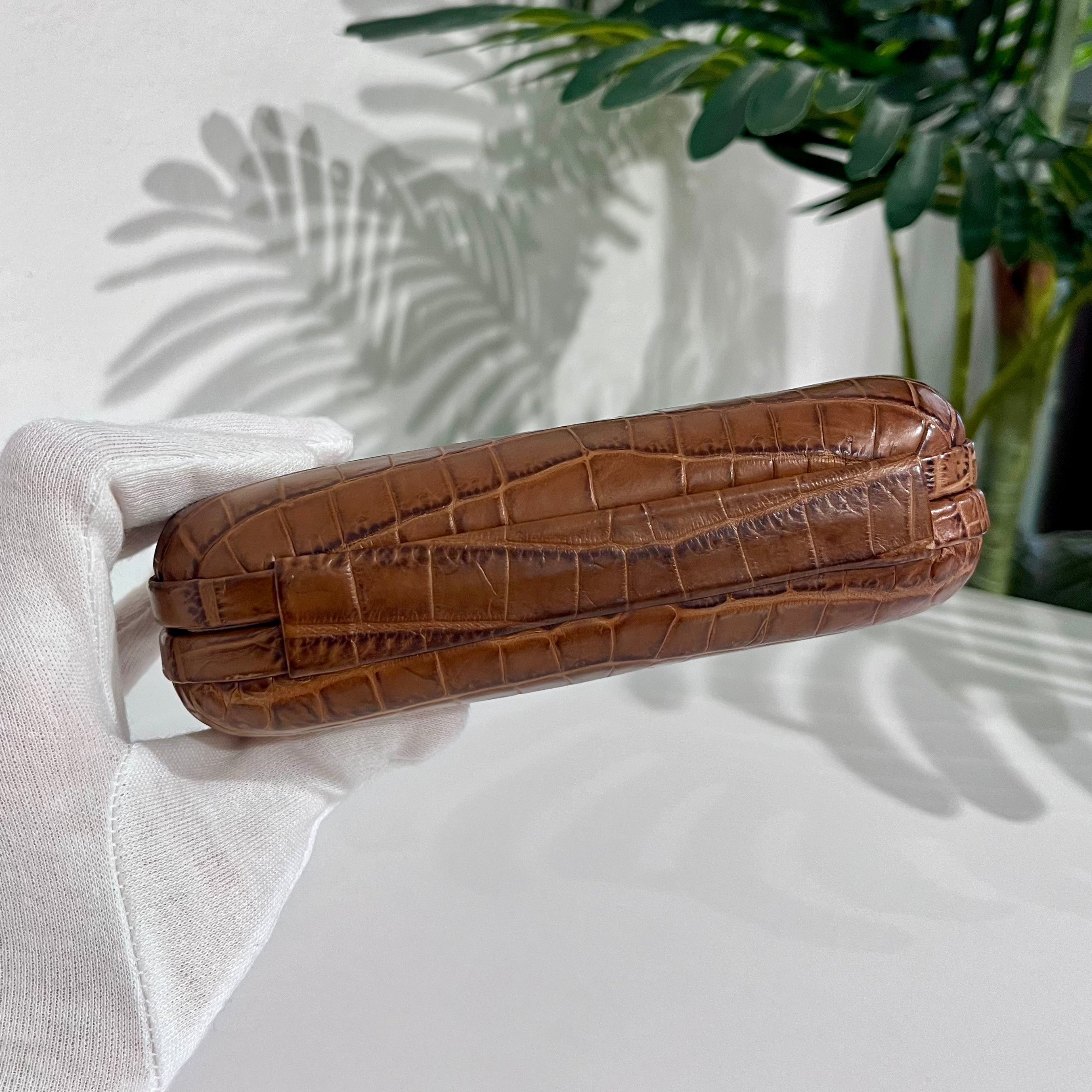 Bottega Veneta Brown Crocodile Knot Clutch