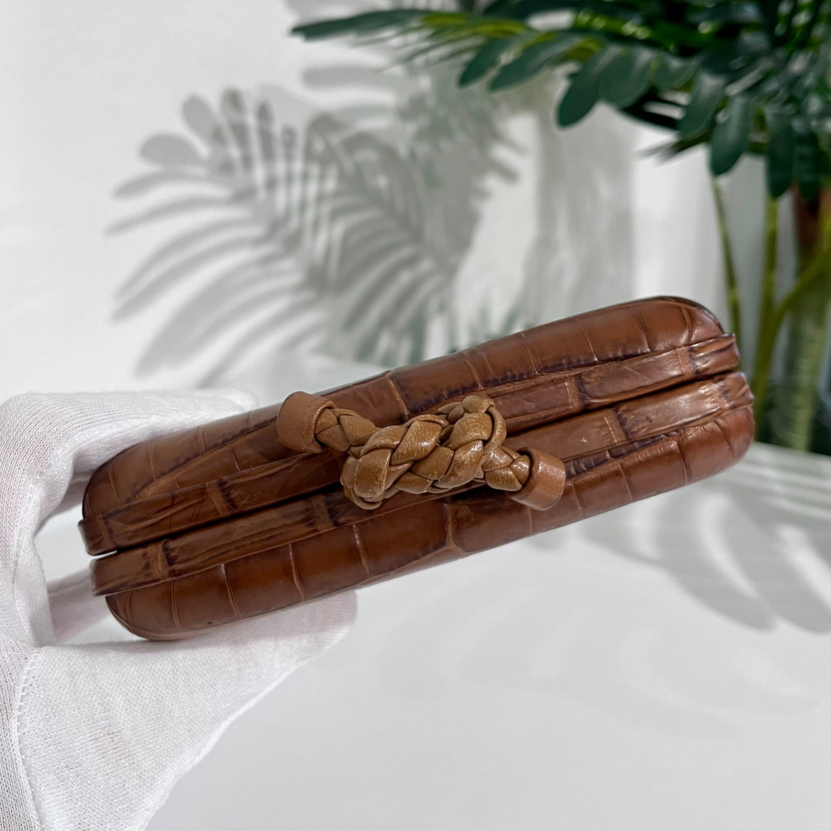 Bottega Veneta Brown Crocodile Knot Clutch