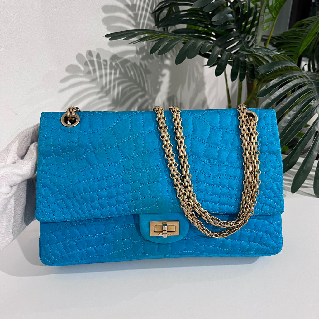 Chanel Electric Blue Satin Coco Croc Reissue 226 Double Flap Bag