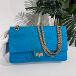 Chanel Electric Blue Satin Coco Croc Reissue 226 Double Flap Bag