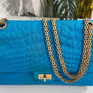 Chanel Electric Blue Satin Coco Croc Reissue 226 Double Flap Bag