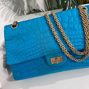 Chanel Electric Blue Satin Coco Croc Reissue 226 Double Flap Bag