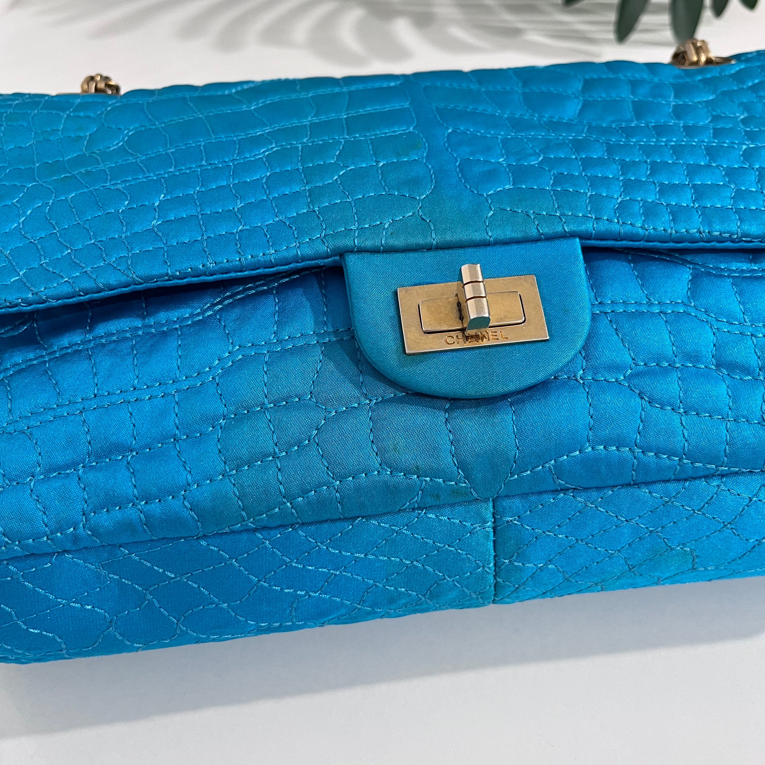 Chanel Electric Blue Satin Coco Croc Reissue 226 Double Flap Bag