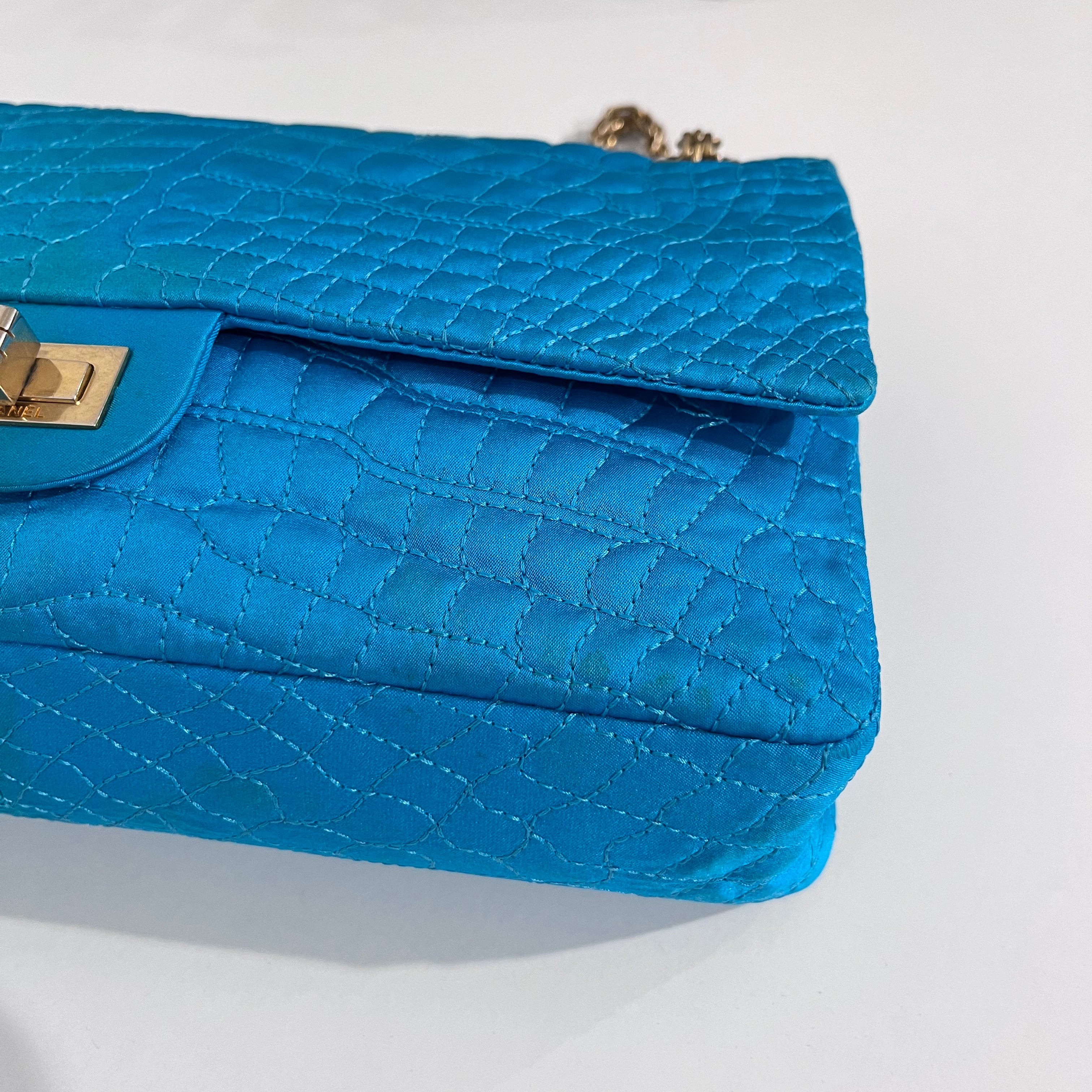 Chanel Electric Blue Satin Coco Croc Reissue 226 Double Flap Bag