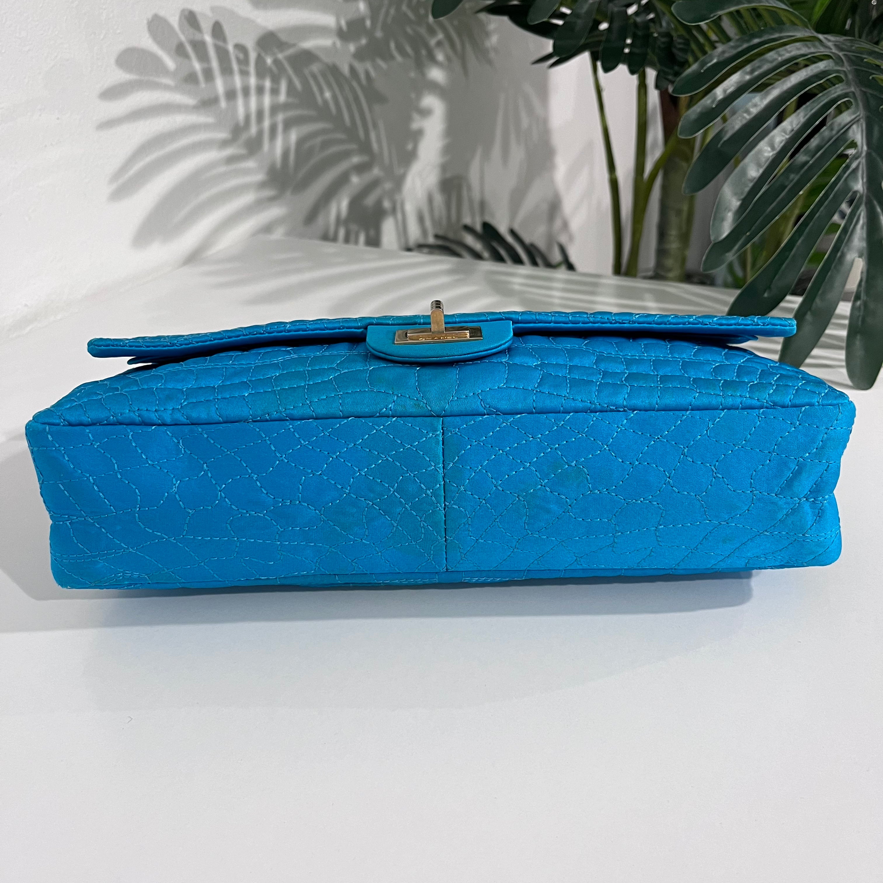 Chanel Electric Blue Satin Coco Croc Reissue 226 Double Flap Bag