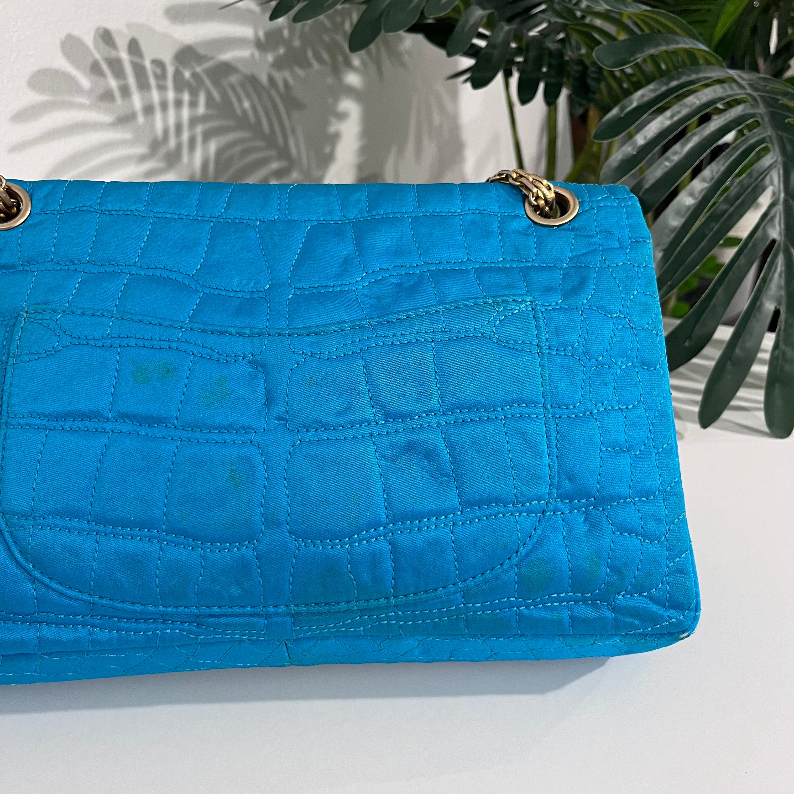 Chanel Electric Blue Satin Coco Croc Reissue 226 Double Flap Bag