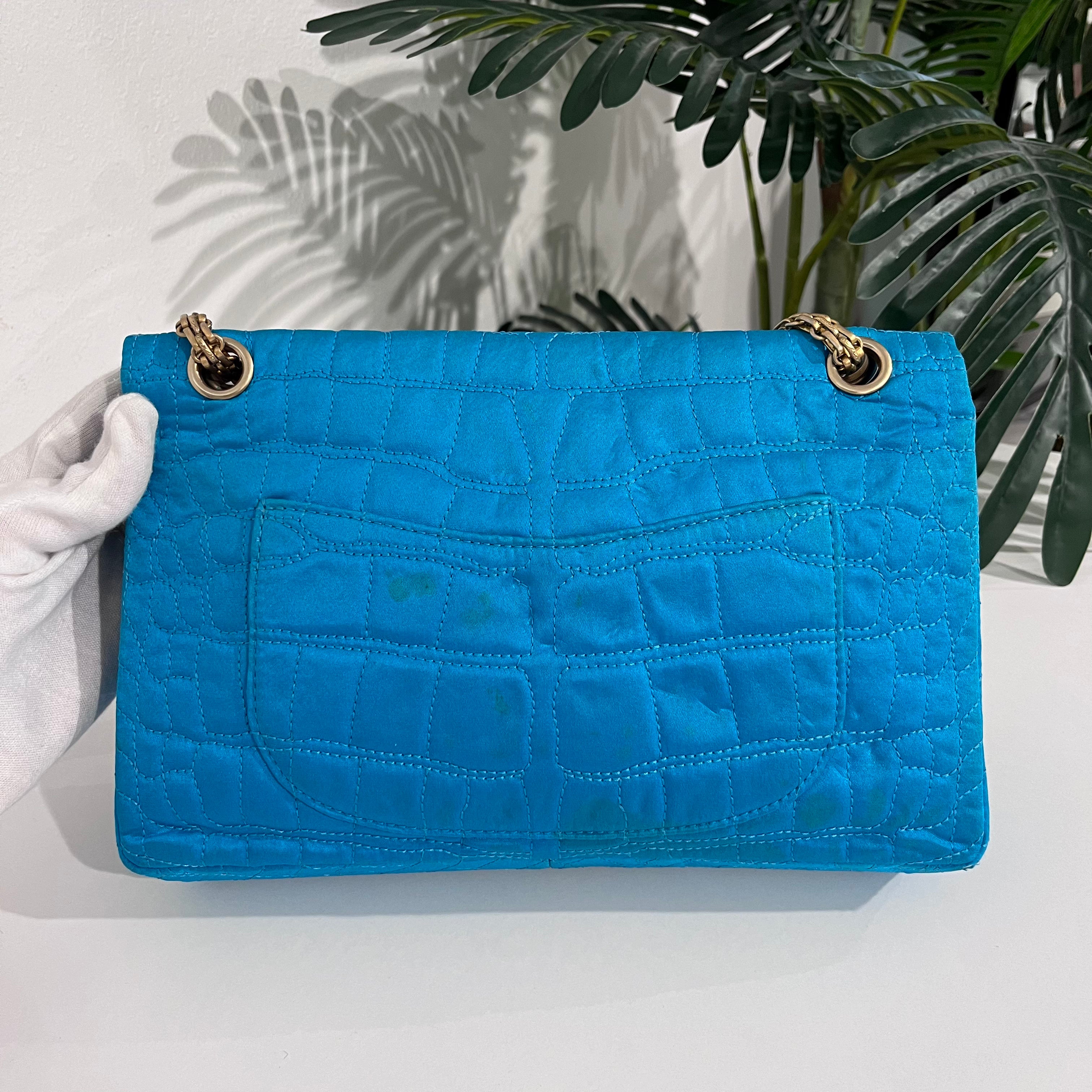 Chanel Electric Blue Satin Coco Croc Reissue 226 Double Flap Bag