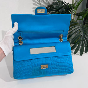 Chanel Electric Blue Satin Coco Croc Reissue 226 Double Flap Bag