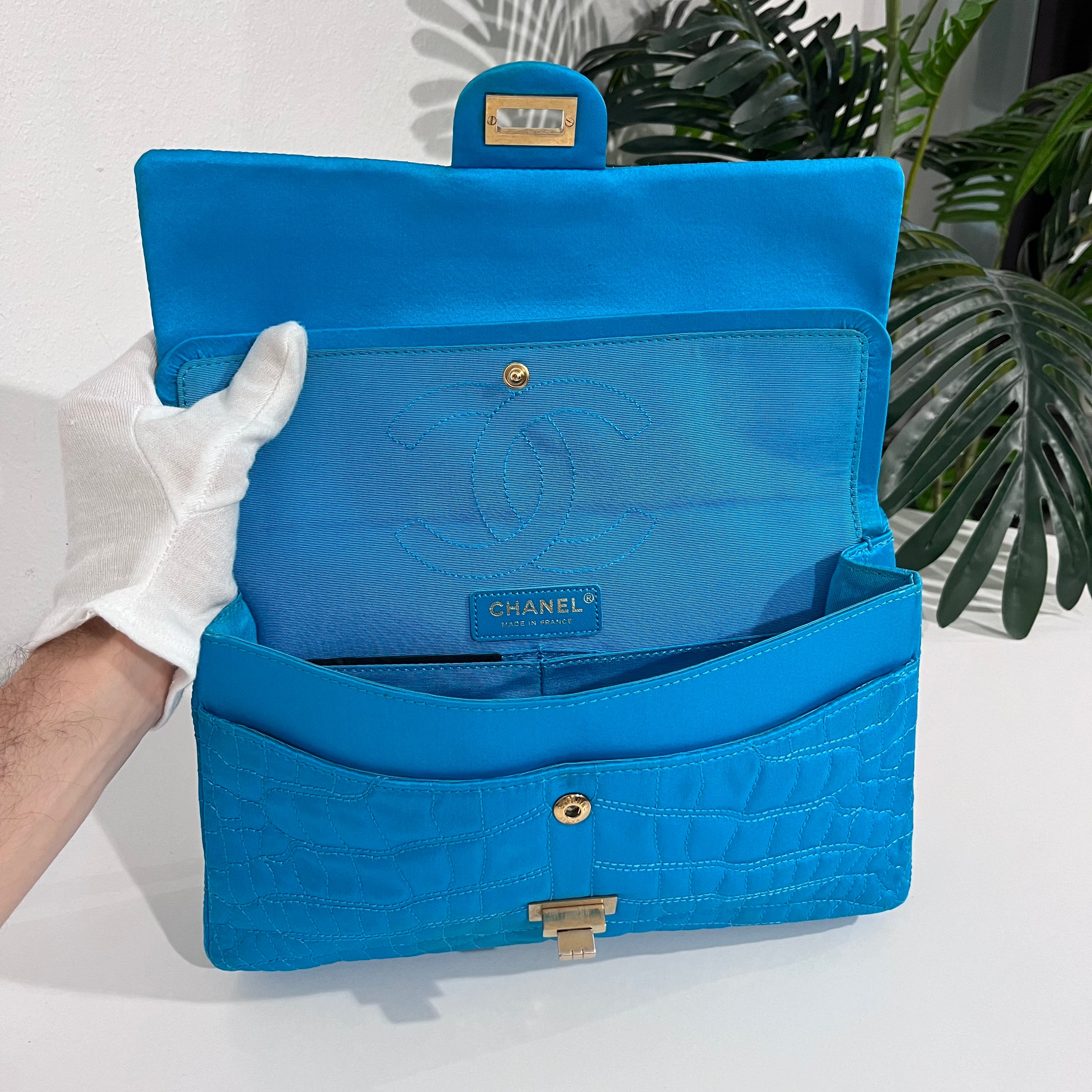 Chanel Electric Blue Satin Coco Croc Reissue 226 Double Flap Bag