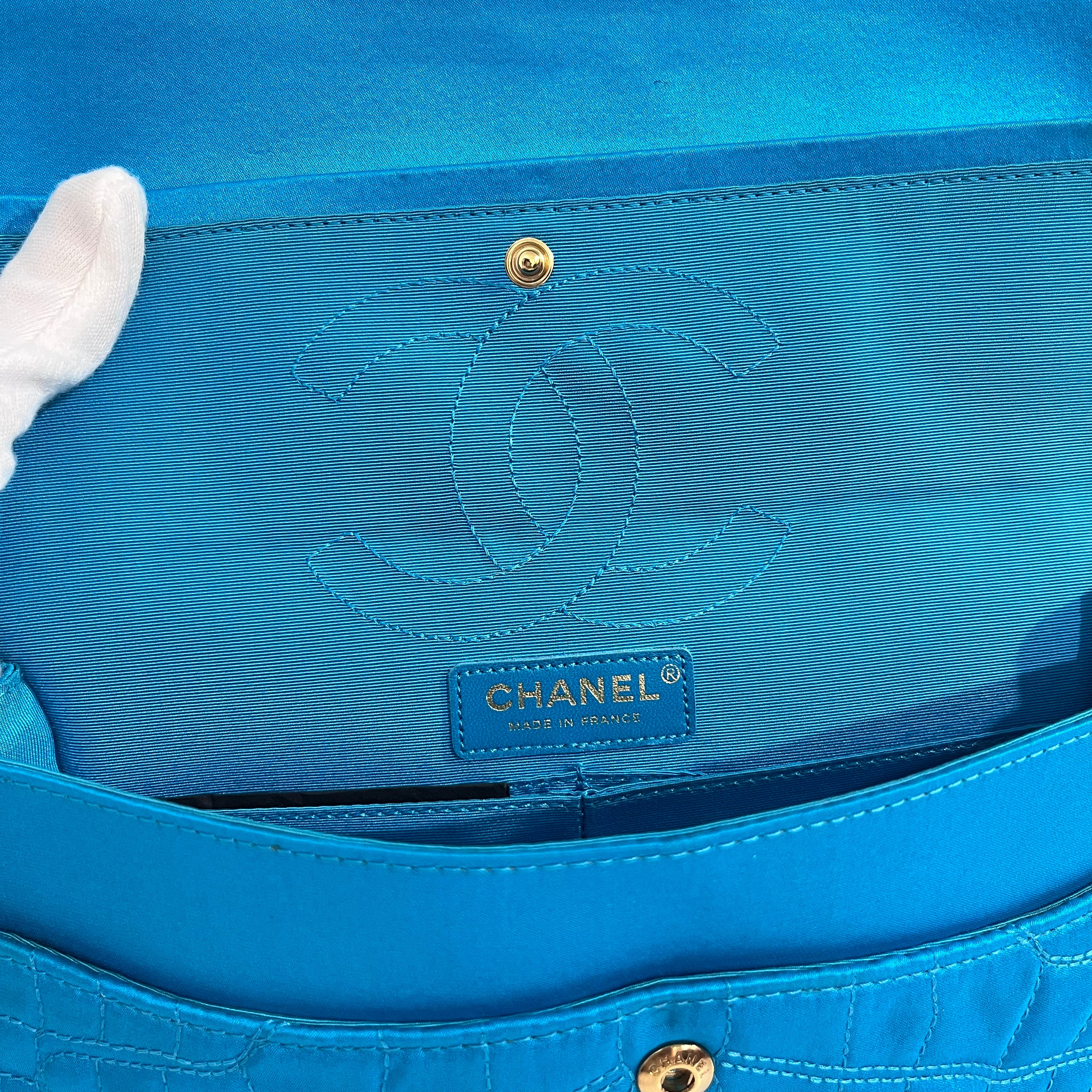 Chanel Electric Blue Satin Coco Croc Reissue 226 Double Flap Bag
