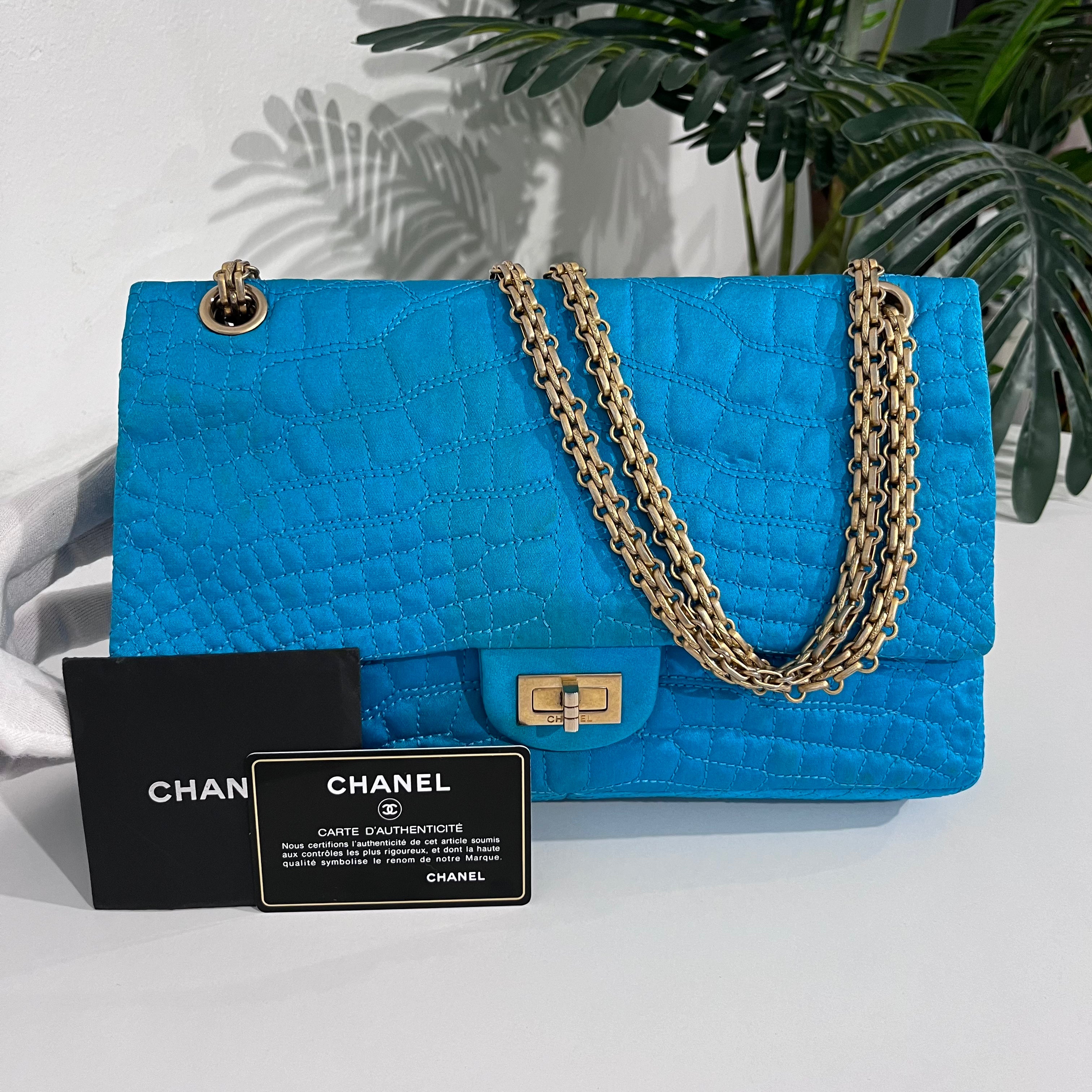 Chanel Electric Blue Satin Coco Croc Reissue 226 Double Flap Bag