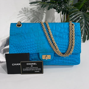 Chanel Electric Blue Satin Coco Croc Reissue 226 Double Flap Bag