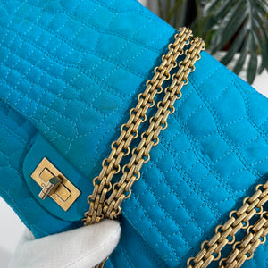 Chanel Electric Blue Satin Coco Croc Reissue 226 Double Flap Bag