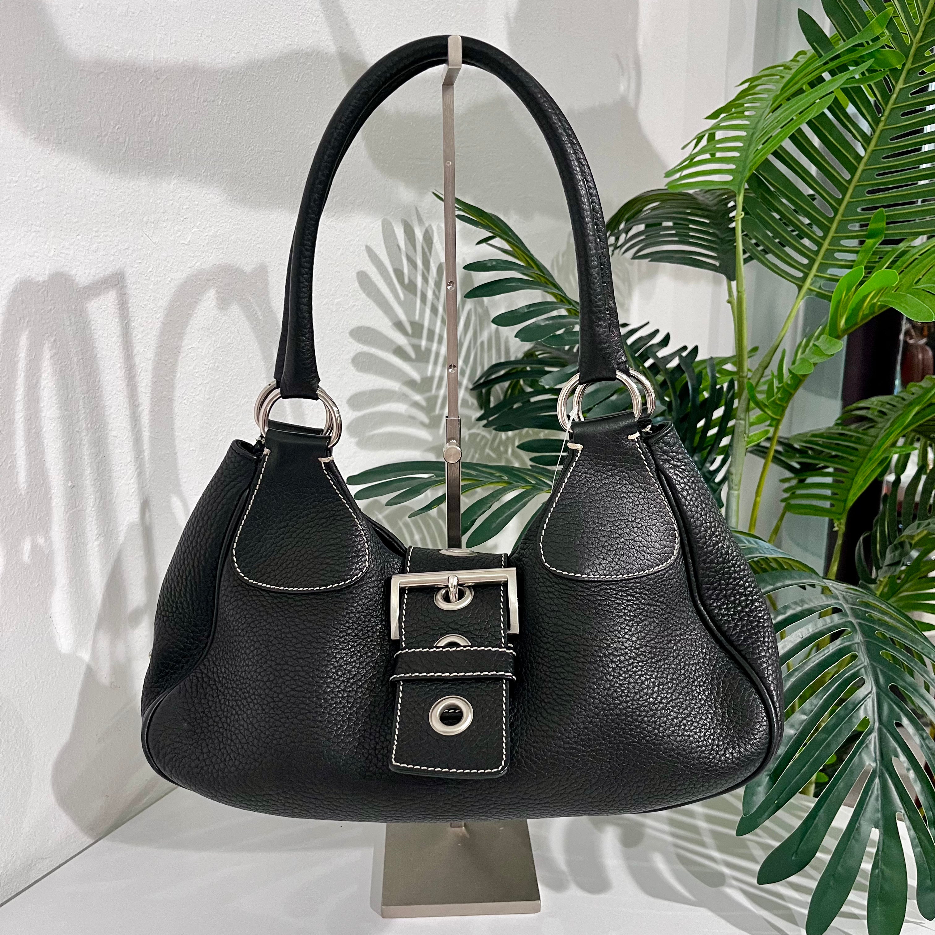 Prada Black Leather Moon Buckle Shoulder Bag