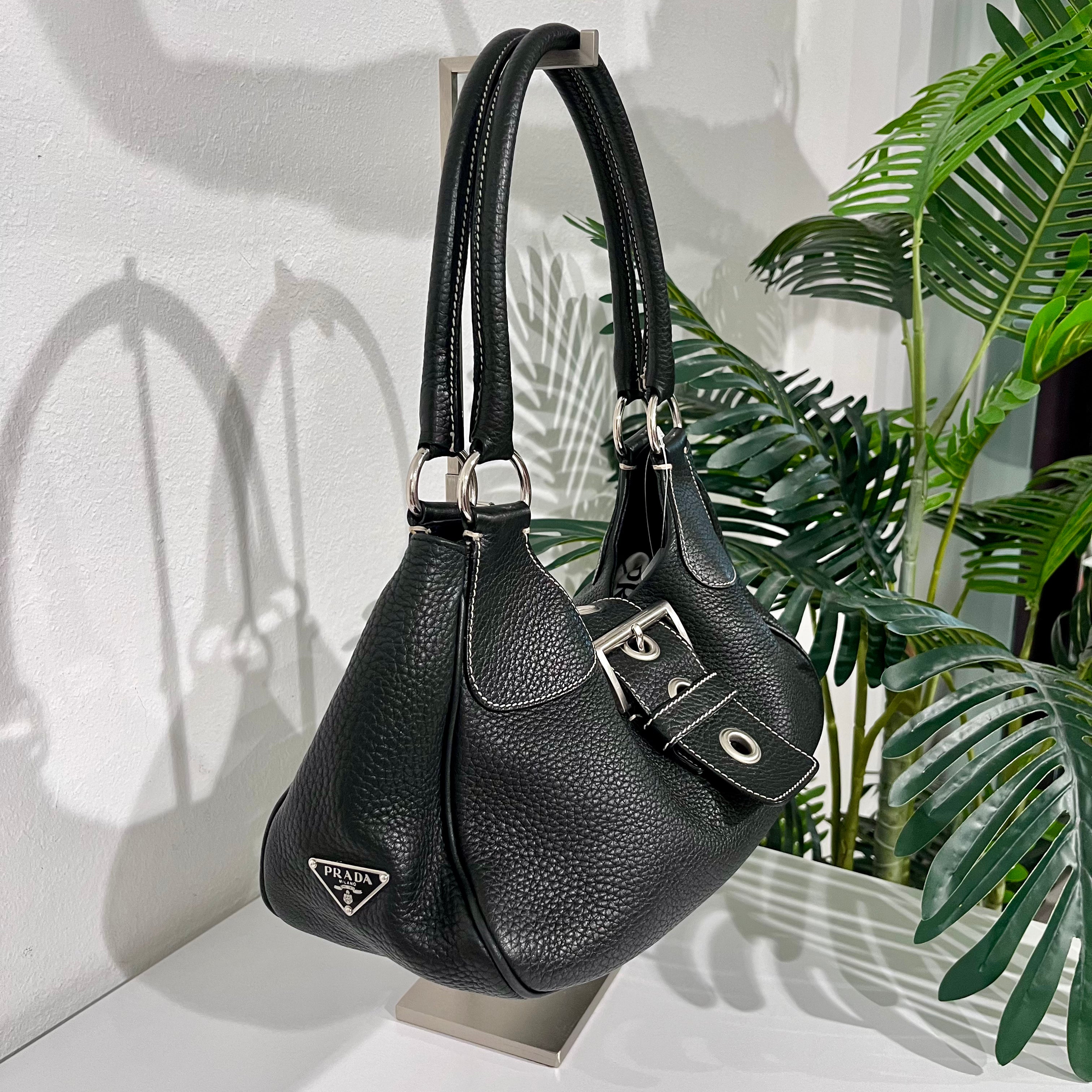 Prada Black Leather Moon Buckle Shoulder Bag