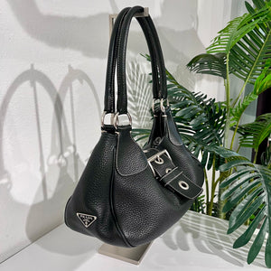Prada Black Leather Moon Buckle Shoulder Bag