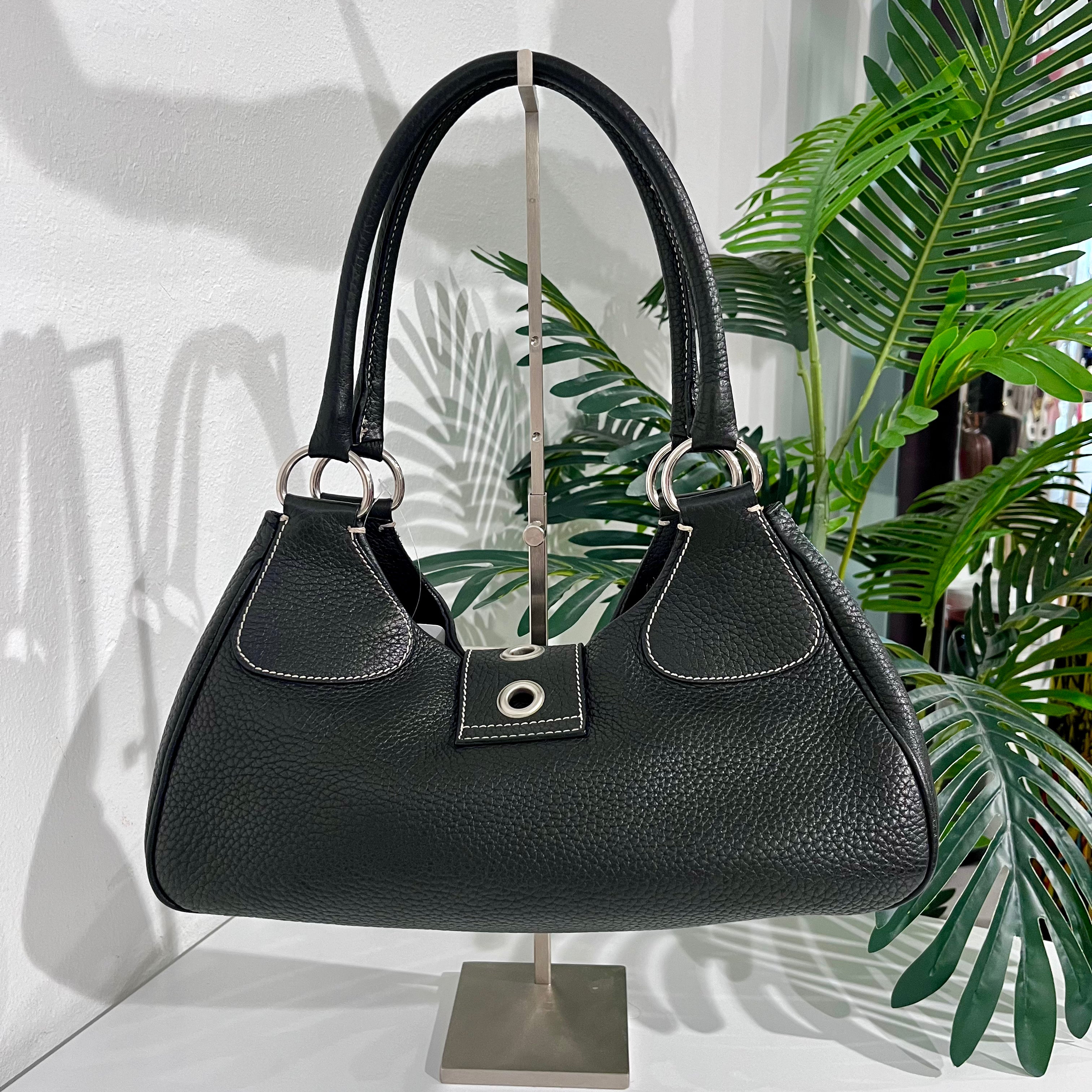 Prada Black Leather Moon Buckle Shoulder Bag