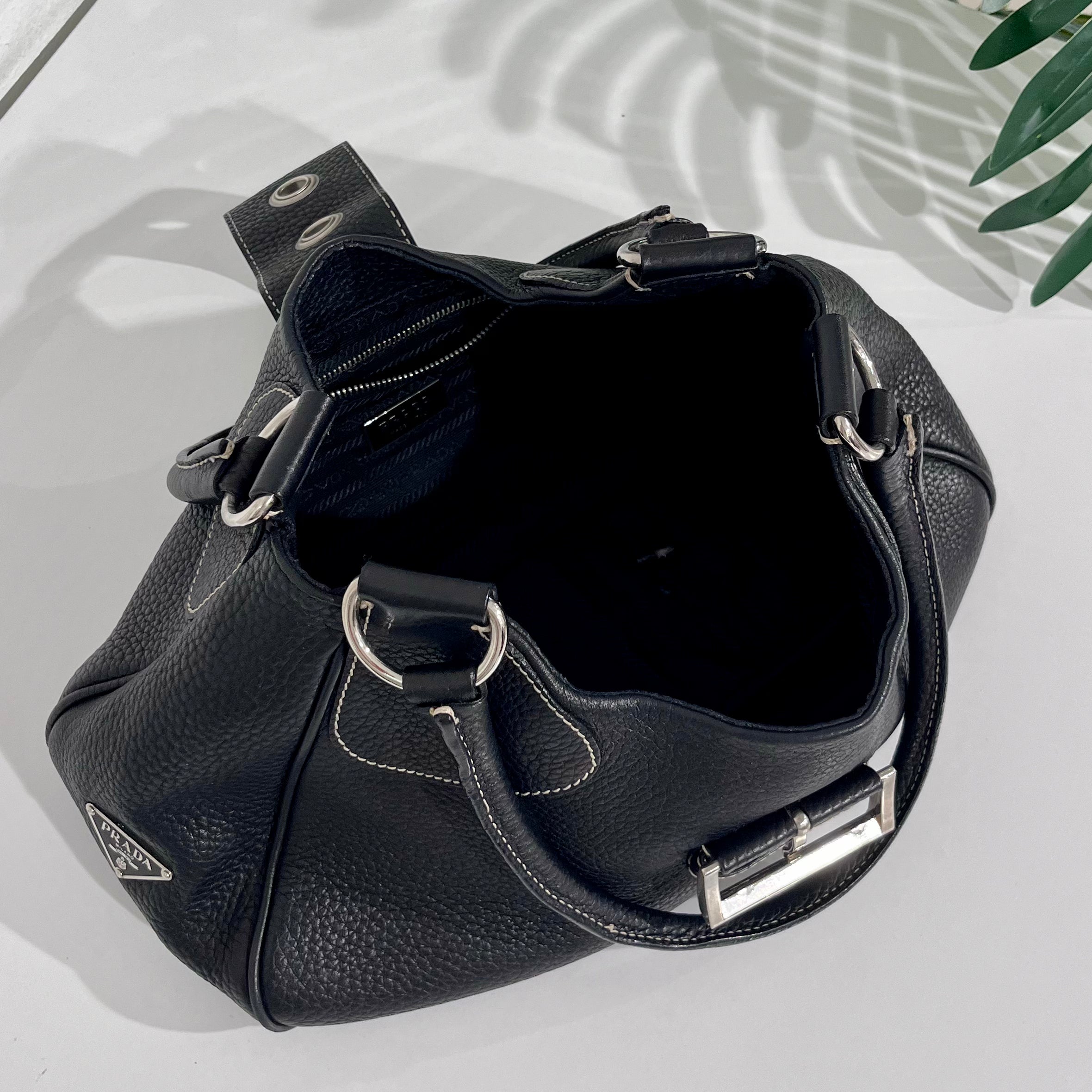 Prada Black Leather Moon Buckle Shoulder Bag